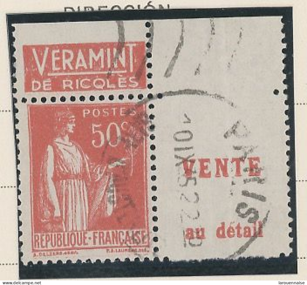 BANDE PUB -N°283  PAIX TYPE II-  50c ROUGE   -Obl - PUB -RICQLES  -(Maury 217) - - Gebraucht