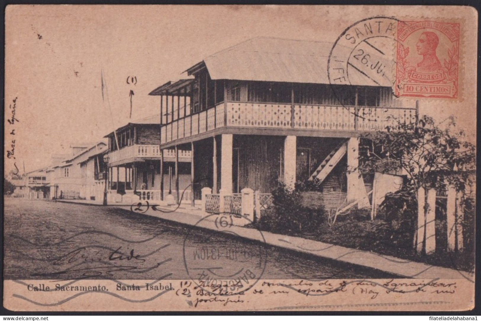 F-EX40229 FERNANDO POO SPAIN POSTCARD 1913 SANTA ISABEL CITY. SACRAMENTO STREET.   - Fernando Poo