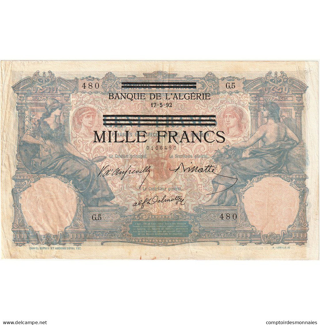 Tunisie, 1000 Francs On 100 Francs, 1892, 1892-05-17, KM:31, TTB - Algerije