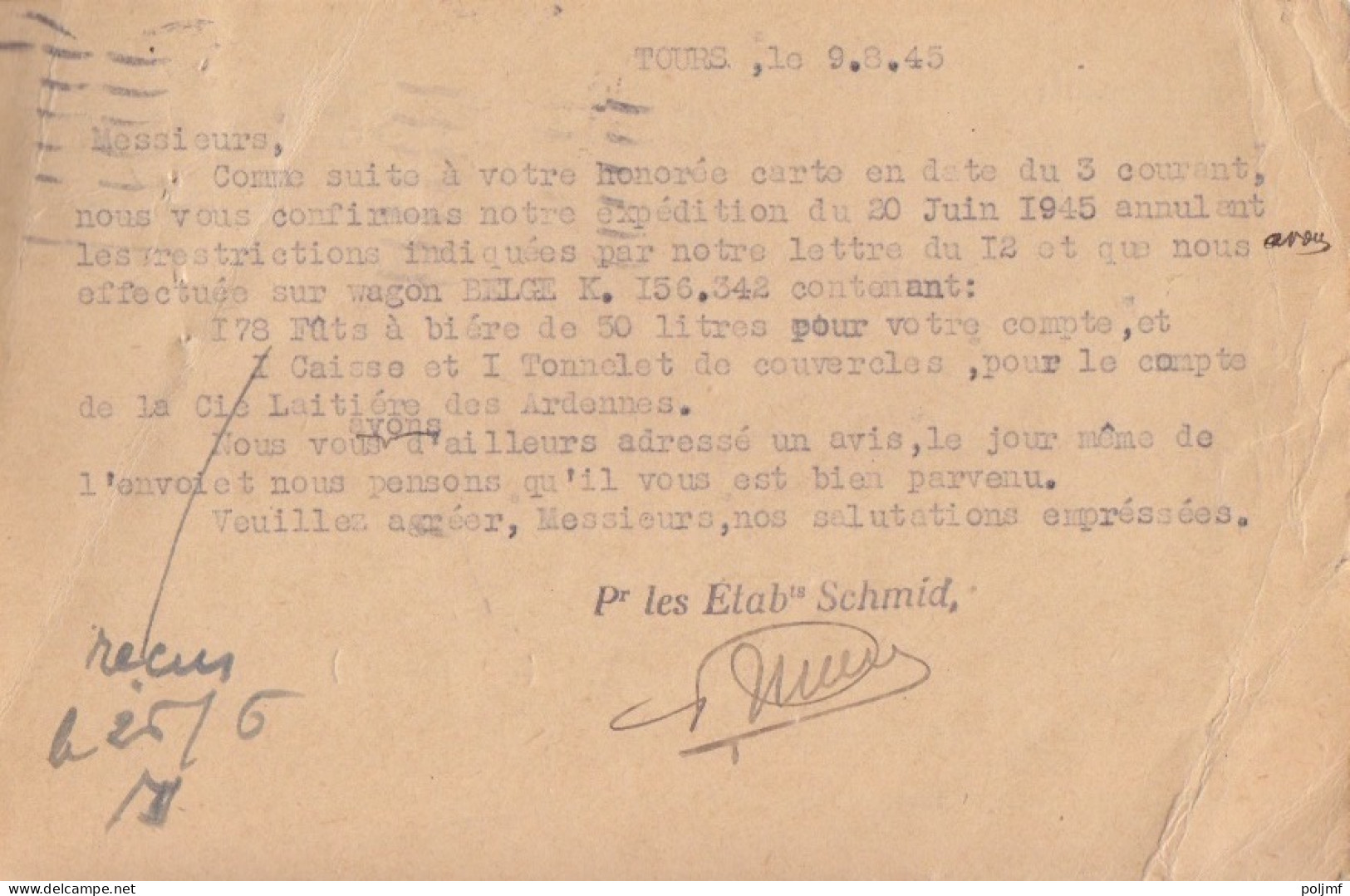 CP-Lettre (Ets Schmid) Obl. Flier Tours-Gare Le 9/8/45 Sur 1f50 Dulac Rose N° 691 (Tarif Du 1/3/45) - 1944-45 Marianna Di Dulac