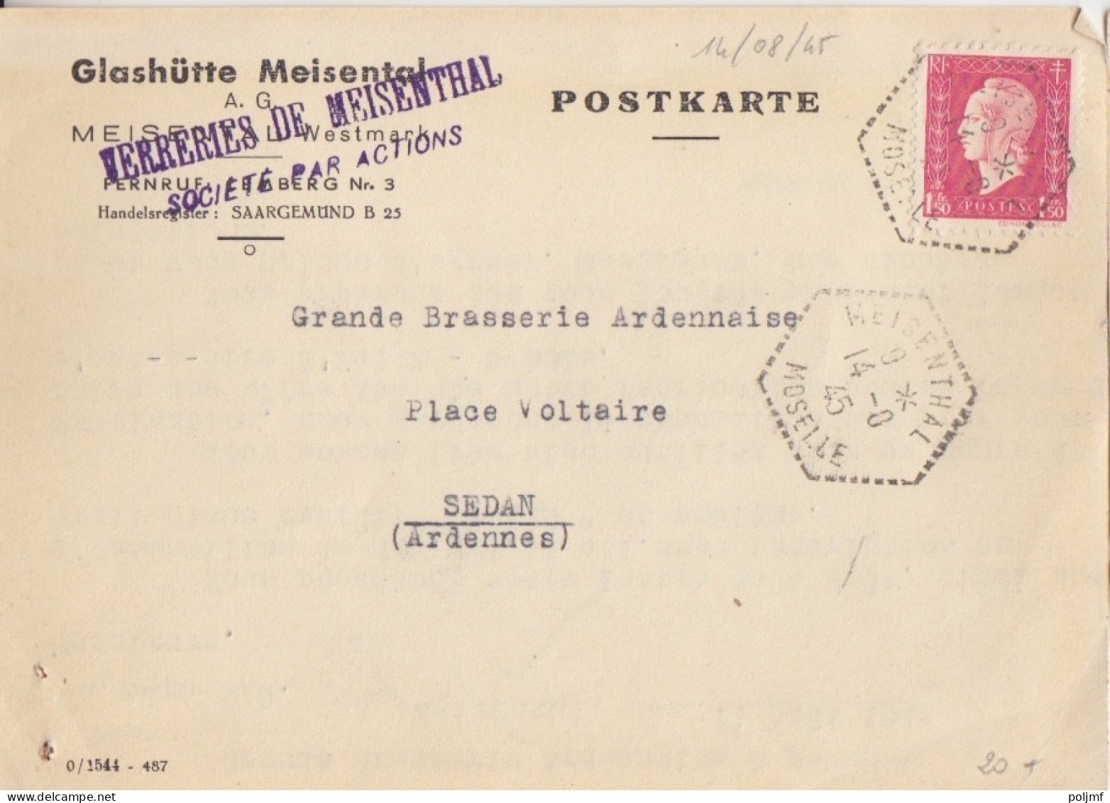 CP-Lettre (Glashütte Meisental) Obl. Meisenthal Le 14/8/45 Sur 1f50 Dulac Rose N° 691 (Tarif Du 1/3/45) - 1944-45 Marianna Di Dulac