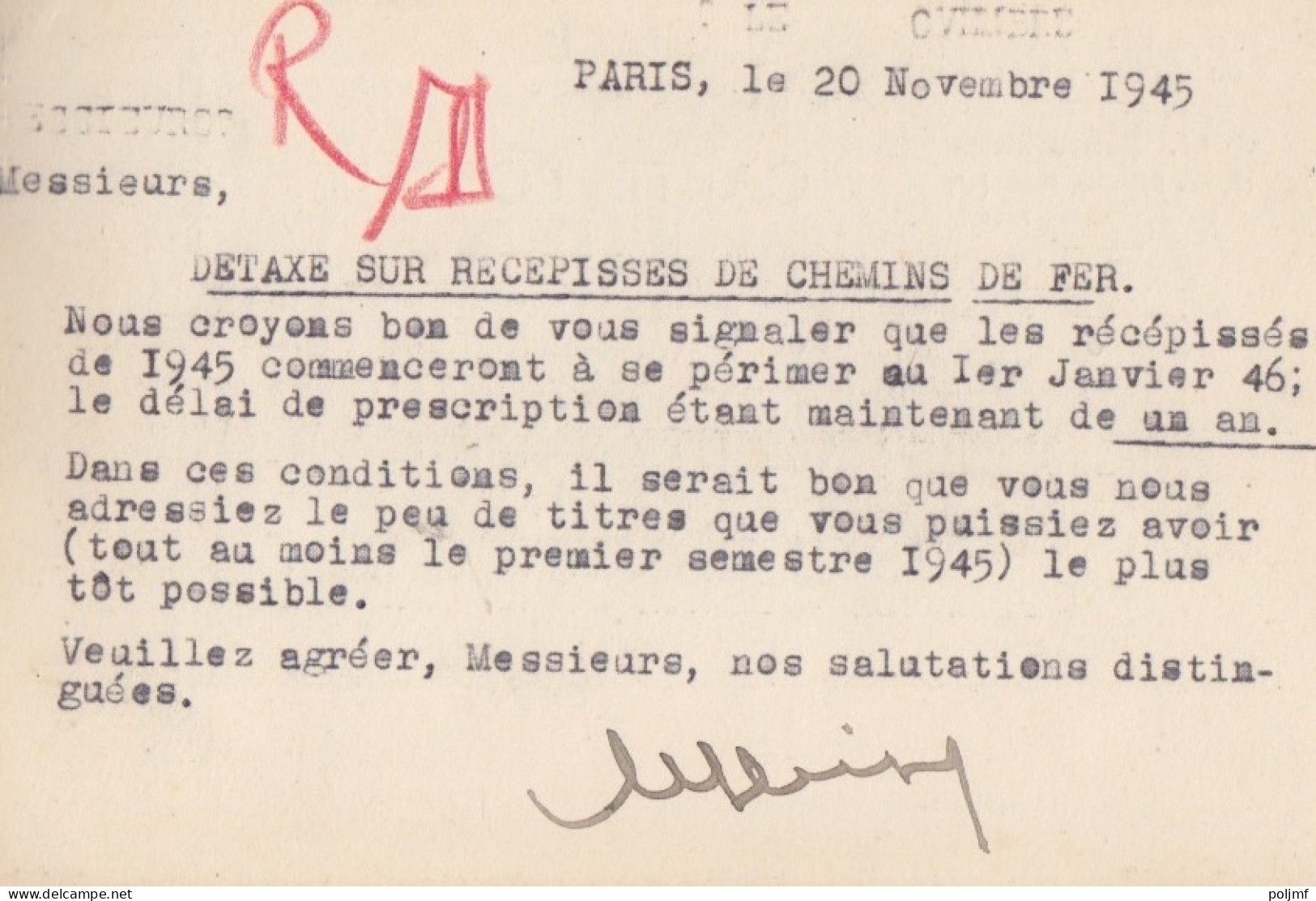 CP-Lettre (Détaxe Sur Récépissés) Obl. RBV Paris IX Le 20 Nov 45 Sur 1f50 Dulac Rose N° 691 (Tarif Du 1/3/45) - 1944-45 Marianna Di Dulac