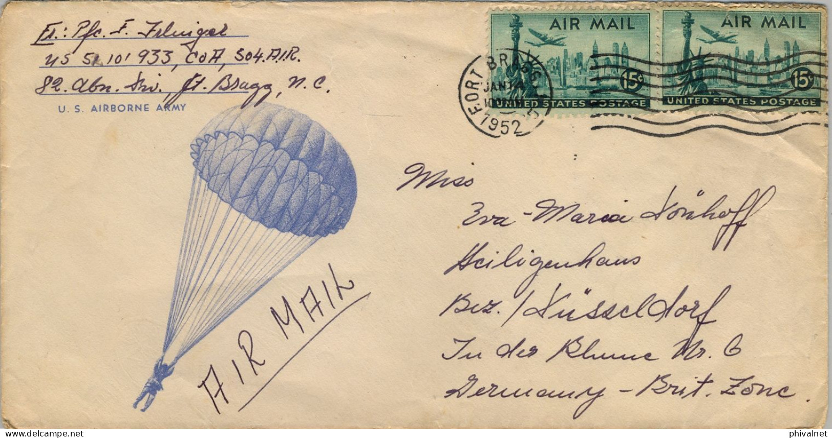 1952 FORT BRAGG - DÜSSELDORF , U.S. AIRBORNE ARMY , SOBRE CIRCULADO , CORREO AÉREO , PARACAIDISMO , PARACHUTISME - Covers & Documents