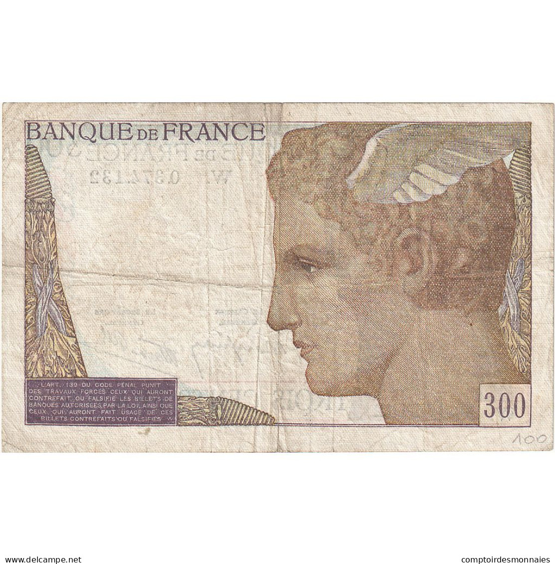 France, 300 Francs, Cérès, 1938, W, TB+, Fayette:29.2, KM:87r - 300 F 1938-1939