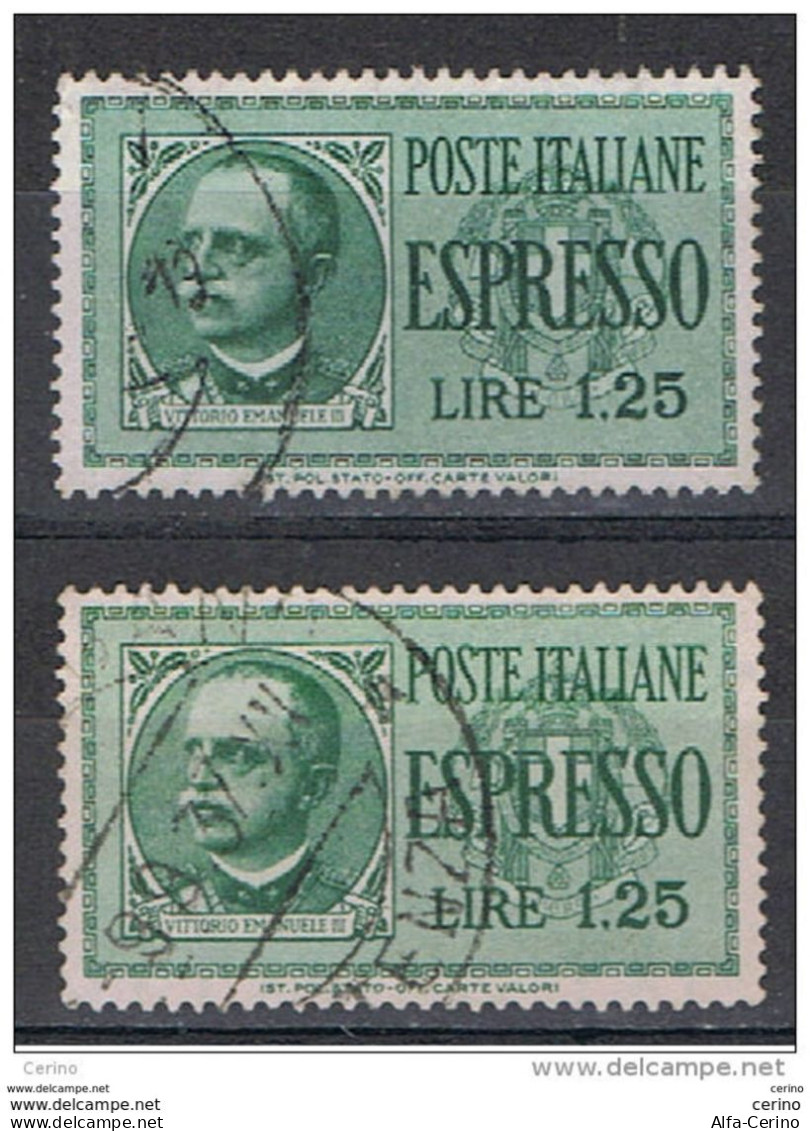 REGNO  VARIETA':  1932  ESPRESSO  -  £. 1,25  VERDE  US. -  RIPETUTO  2  VOLTE  -   CORONA  CAPOVOLTA  -  C.E.I. 15 A - Posta Espresso