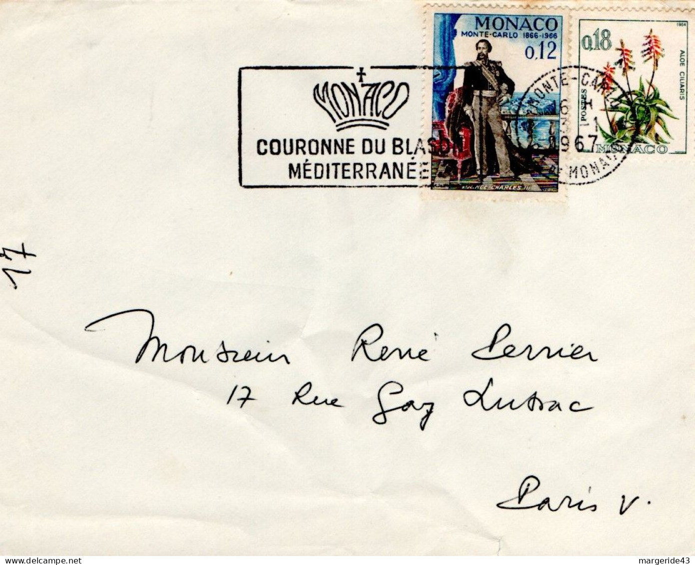 MONACO AFFRANCHISSEMENT COMPOSE SUR DEVANT DE LETTRE POUR LA FRANCE 1967 - Lettres & Documents