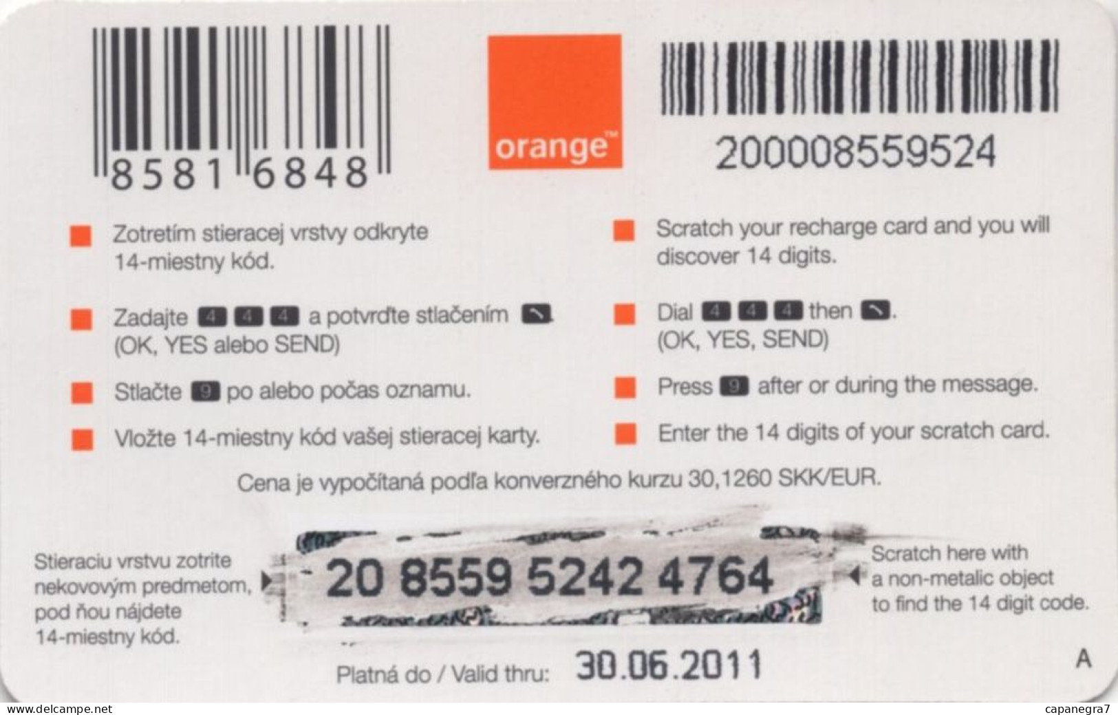 Figure 10 Euro, Orange Mobil Slovakia, Thin Cardboard, Expire 30.06.2011, 290 Sk, Slovakia - Slowakei