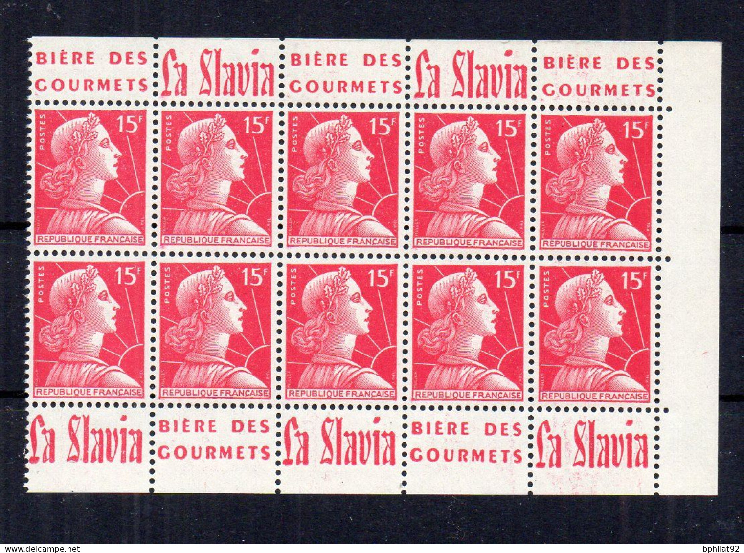 !!! MARIANNE DE MULLER, BLOC DE 10 AVEC BANDES PUBS LA SLAVIA NEUF ** - Unused Stamps