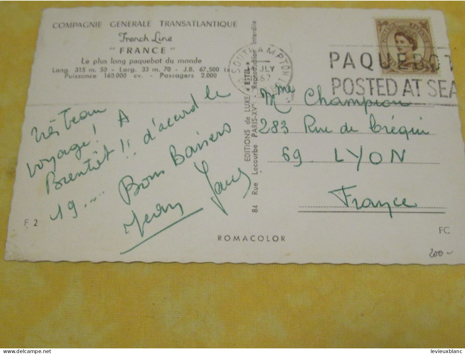 Carte-Postale Souvenir Affranchie/ Paquebot "FRANCE" / Cie Gén. Transatlantique /14 Juillet1967   TIMB169 - Sonstige & Ohne Zuordnung