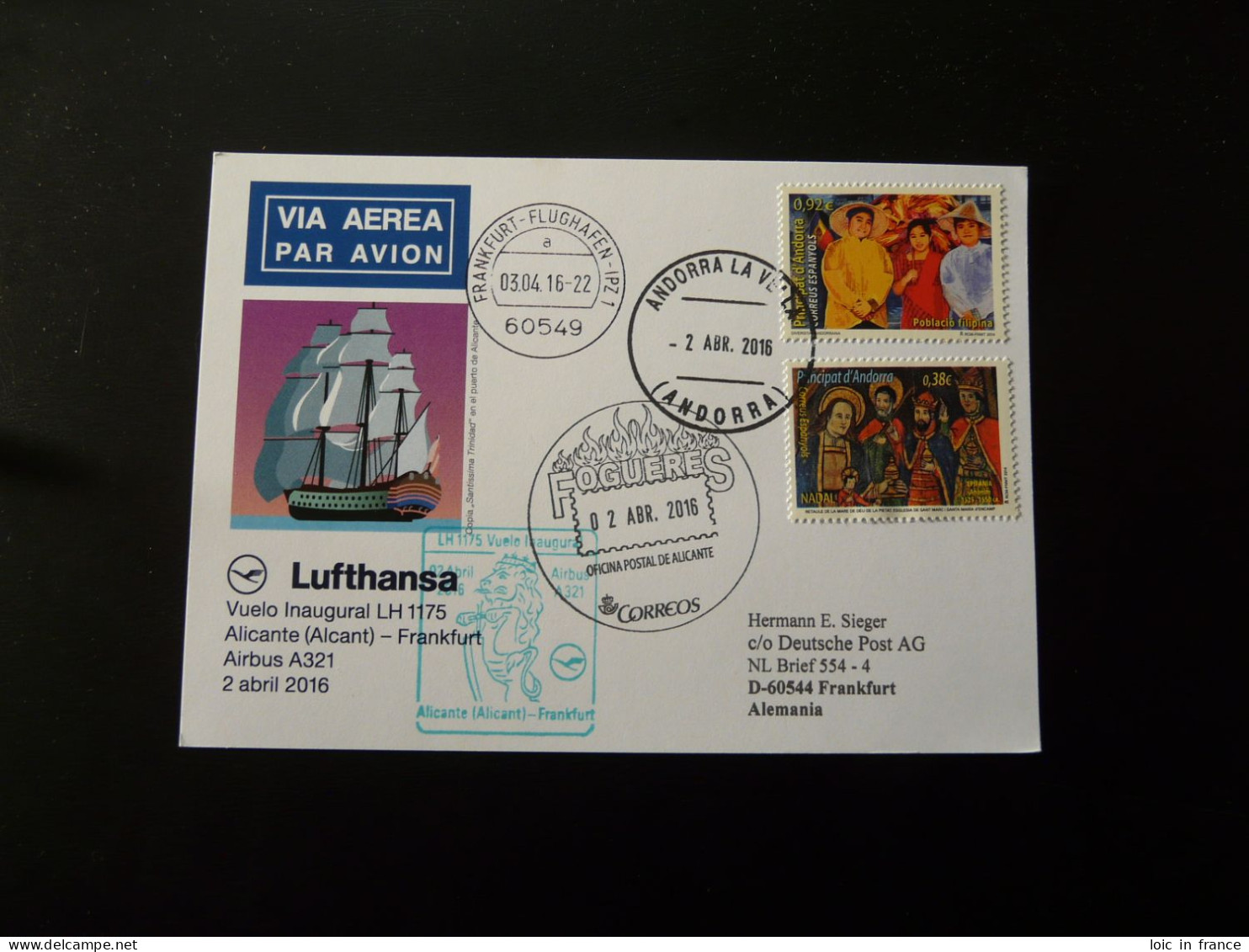 Premier Vol First Flight Andorra - Alicante - Frankfurt Airbus A321 Lufthansa 2016 - Lettres & Documents