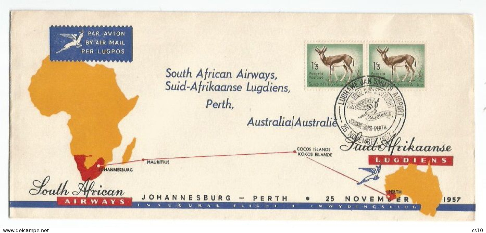 South Africa Airways 25nov1975 First Flight Johannesburg Perth (G.P.O. 26nov57) With Anetlope 1S3 In Horizonthal Pair - Lettres & Documents