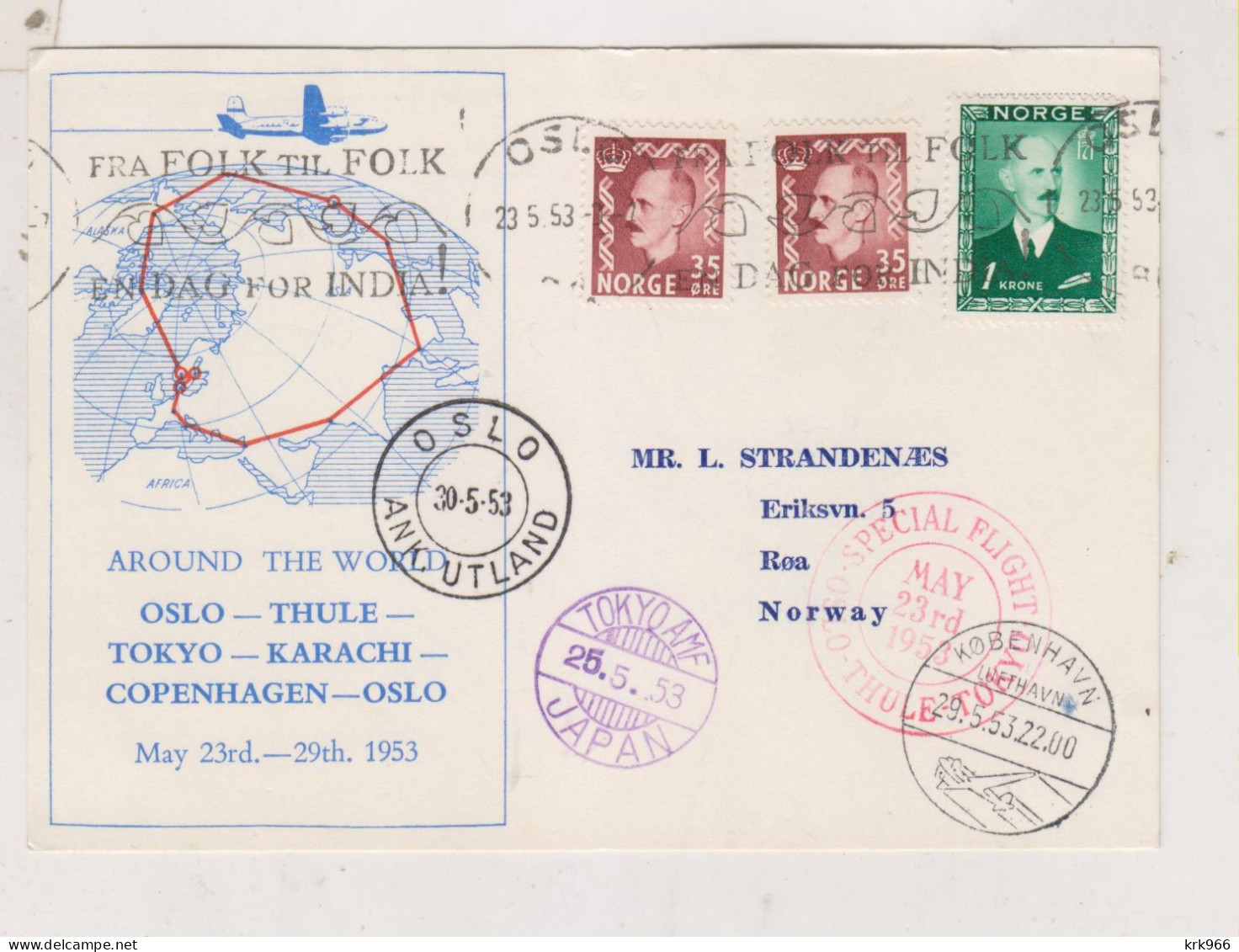 NORWAY 1953 Nice Airmail Postcard  Around The World Flight OSLO-THULE-TOKYO-KARACHI-COPENHAGEN-OSLO - Lettres & Documents