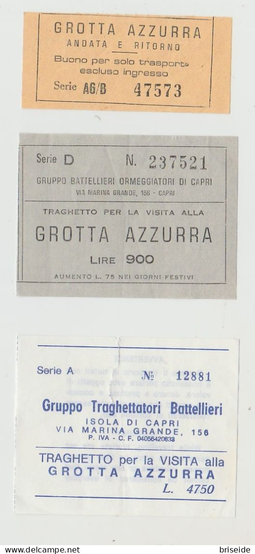 N. 3 BIGLIETTI  1977 1988 GROTTA  AZZURRA CAPRI NAPOLI GRUPPO BATTELLIERI ORMEGGIATORI DI CAPRI - Europe