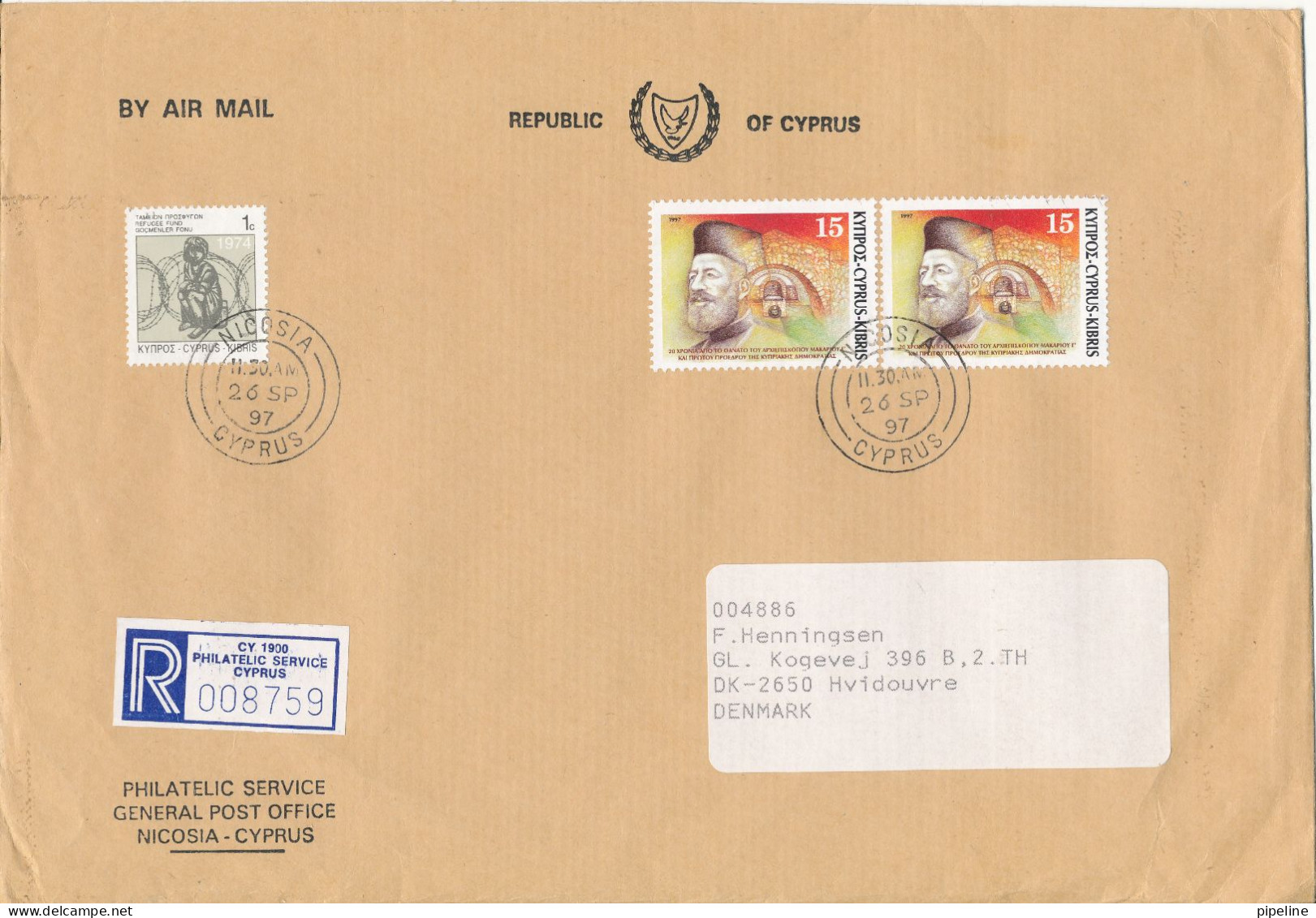 Cyprus Republic Registered Cover Sent To Denmark Nicosia 26-9-1997 (big Size Cover) - Briefe U. Dokumente