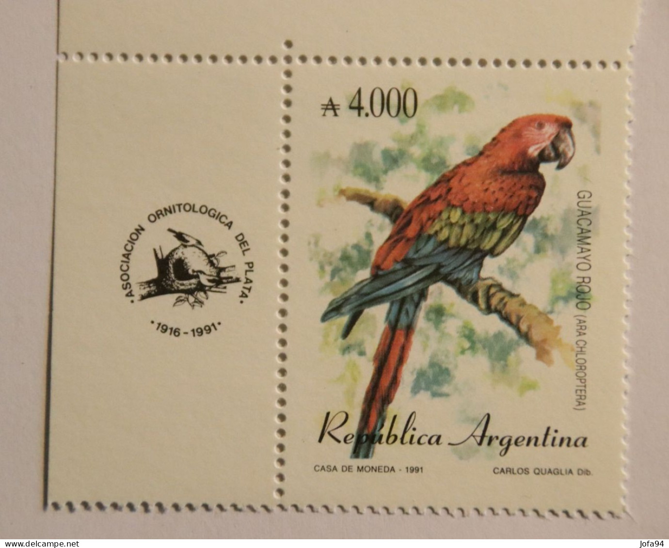 ARGENTINE 1991 Oiseau Ara Rouge Et Vert  Ara Chloroptera. Neuf - Unused Stamps