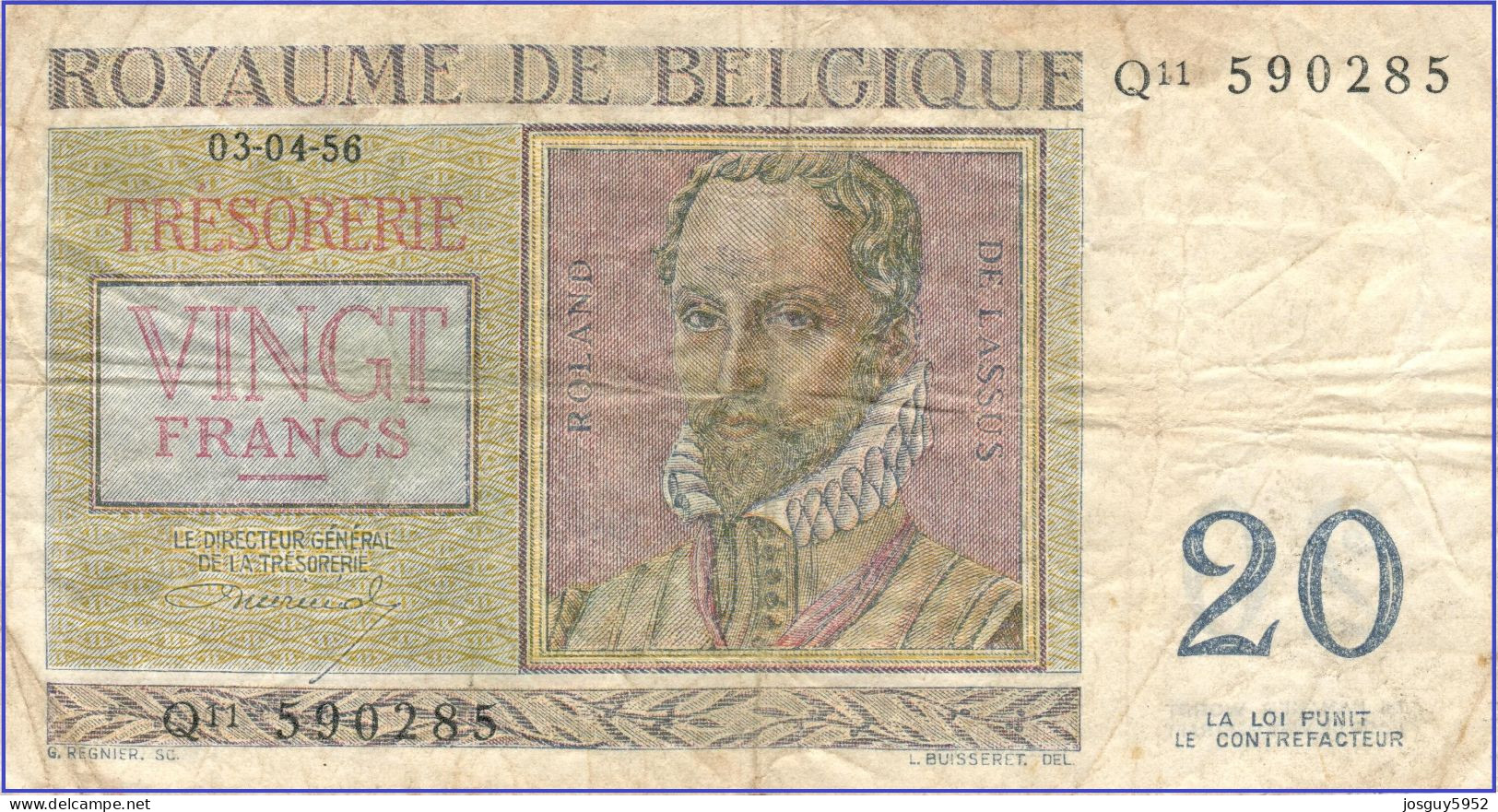 BELGIE - 20 FRANK - 03-04-1956 - Nr Q11 590285 - ROLAND DE LASSUS & PHILIPPUS DE MONTE - Otros & Sin Clasificación