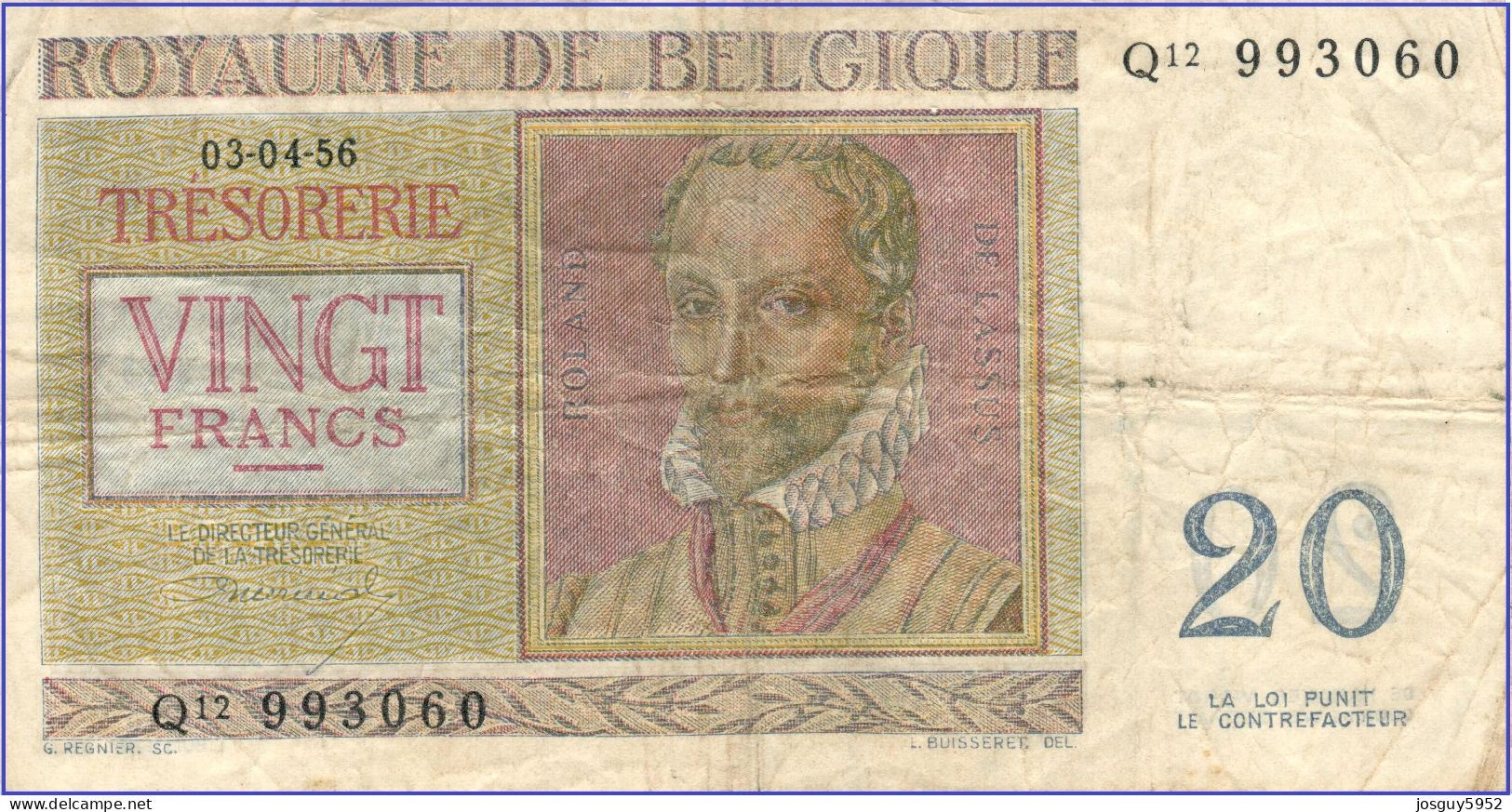 BELGIE - 20 FRANK - 03-04-1956 - Nr Q12 993060 - ROLAND DE LASSUS & PHILIPPUS DE MONTE - Autres & Non Classés