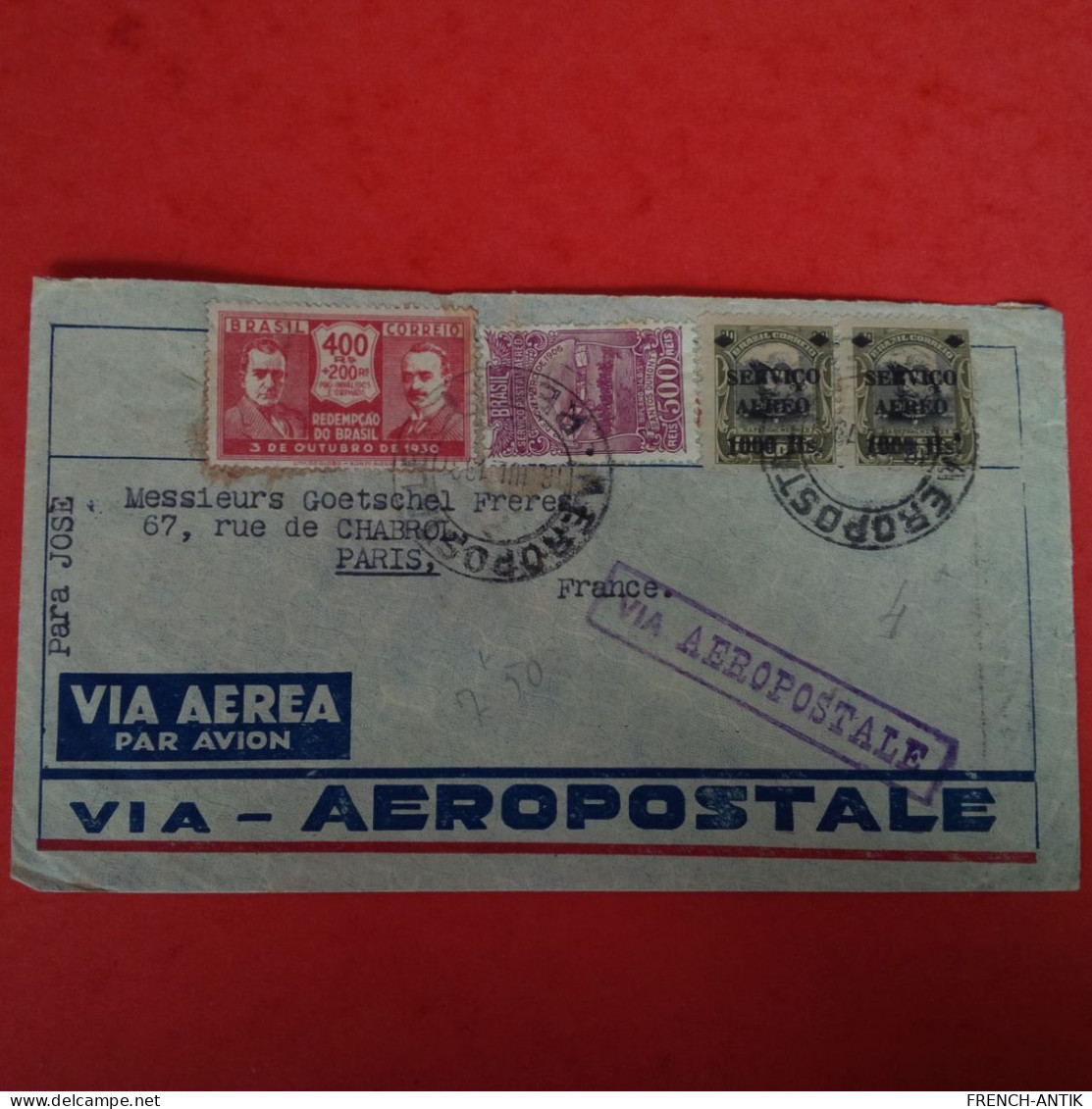 LETTRE BRESIL POUR PARIS VIA AEROPASTALE 1931 SURCHARGE SUR TIMBRE - Lettres & Documents