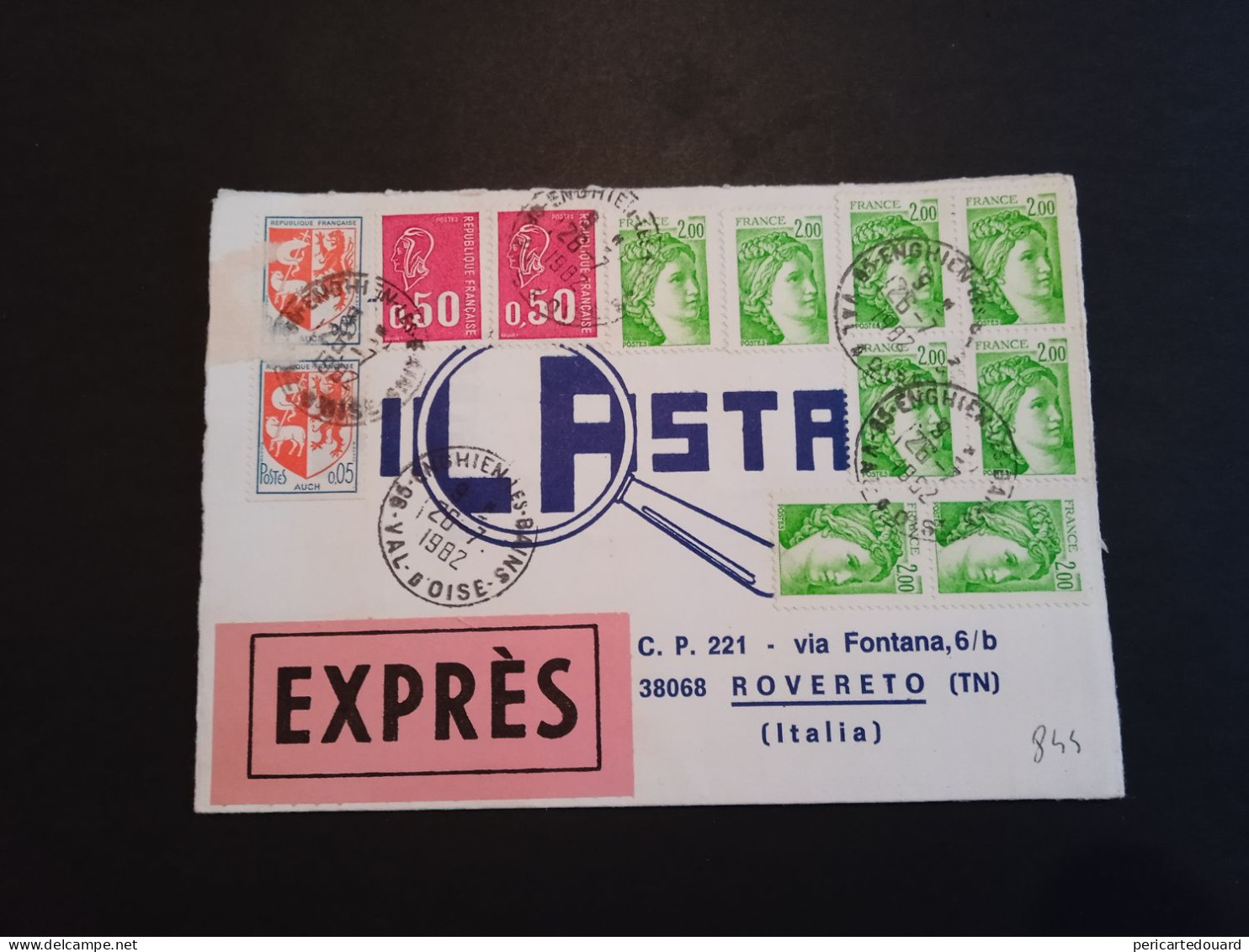 EXPRES Pour L'Italie, Sabine, Béquet Et Blasons, 1er échelon Au Tarif Du 01/06/1982. L:1,80 Fr+ E:15,30 Fr - 1977-1981 Sabine De Gandon