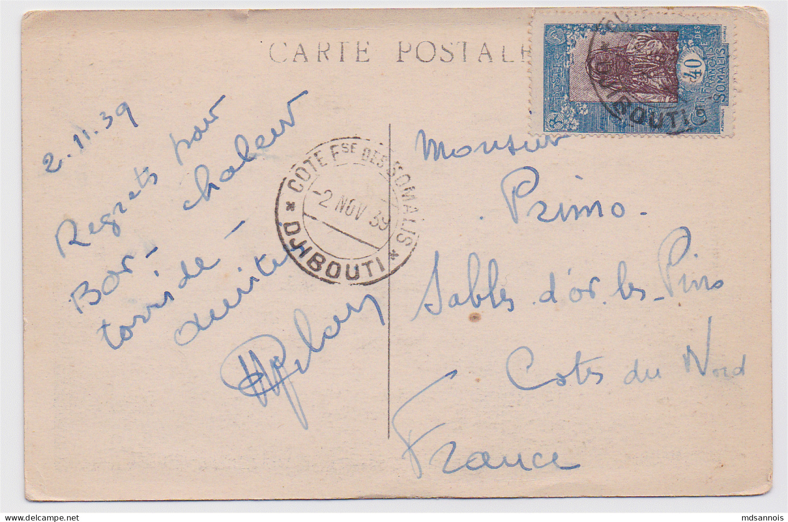 Carte Postale 1939 Cachet Djibouti Cote Francaise Des Somalis Paquebot Messageries Maritimes Compiègne (Par Grosse Mer) - Storia Postale