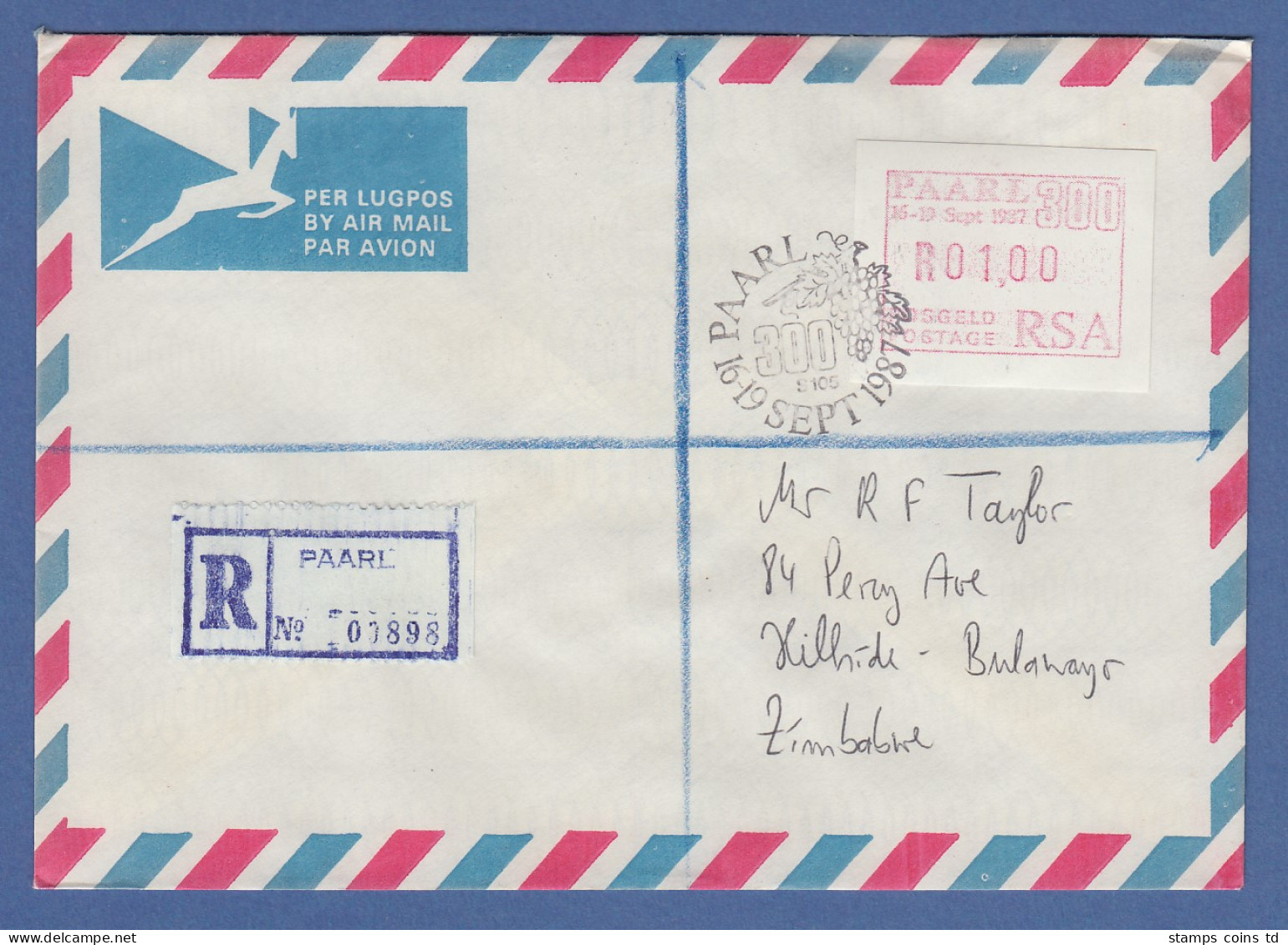 RSA Südafrika 1987 Sonder-ATM PAARL Wert 01,00 Auf R-Brief Nach Simbabwe - Frama Labels