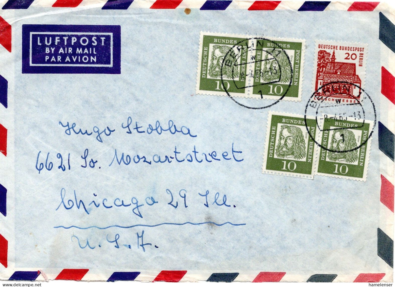 74472 - Berlin - 1965 -  10Pfg Duerer Waag Paar MiF A LpBf BERLIN -> Chicago, IL (USA) - Lettres & Documents