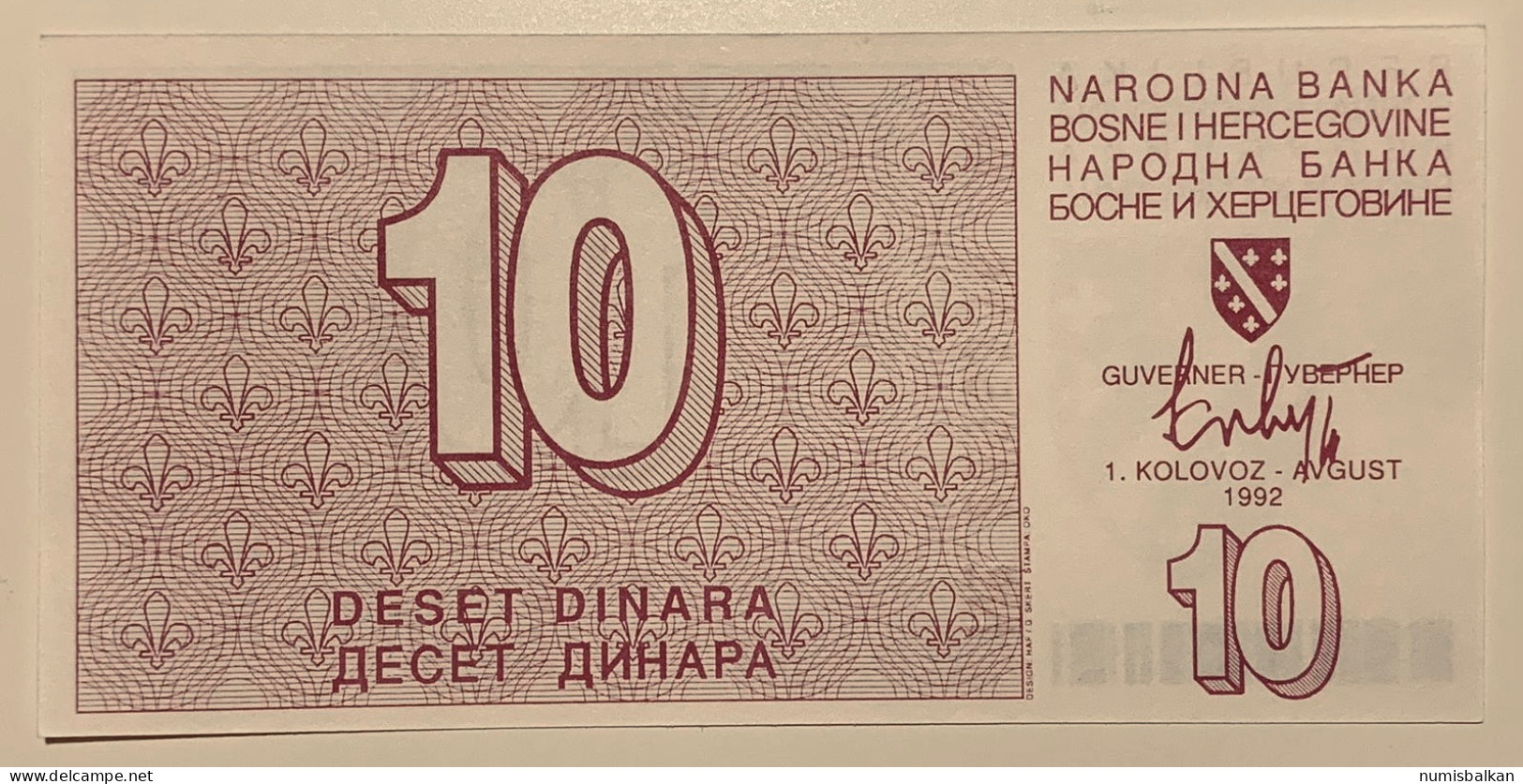Bosnia, 10 Dinars 1992, Pick-21a, UNC - Bosnie-Herzegovine