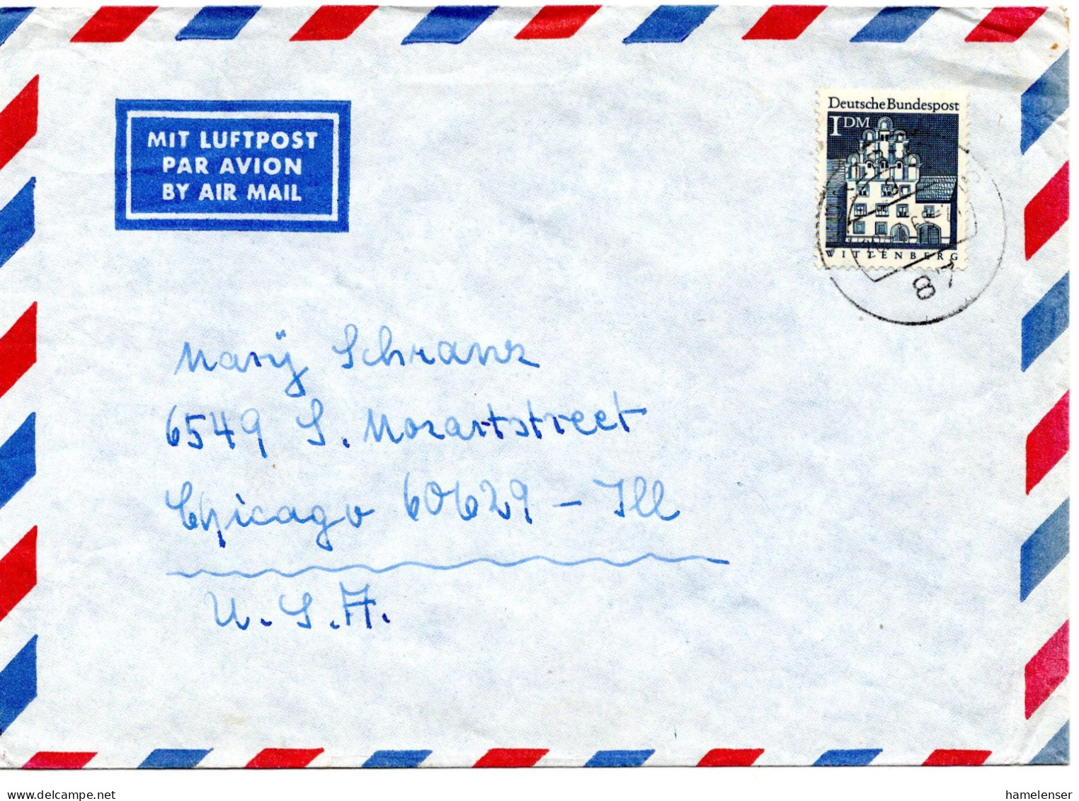 74490 - Bund - 1969 - 1DM Gr Bauten EF A LpBf WUERZBURG -> Chicago, IL (USA) - Lettres & Documents