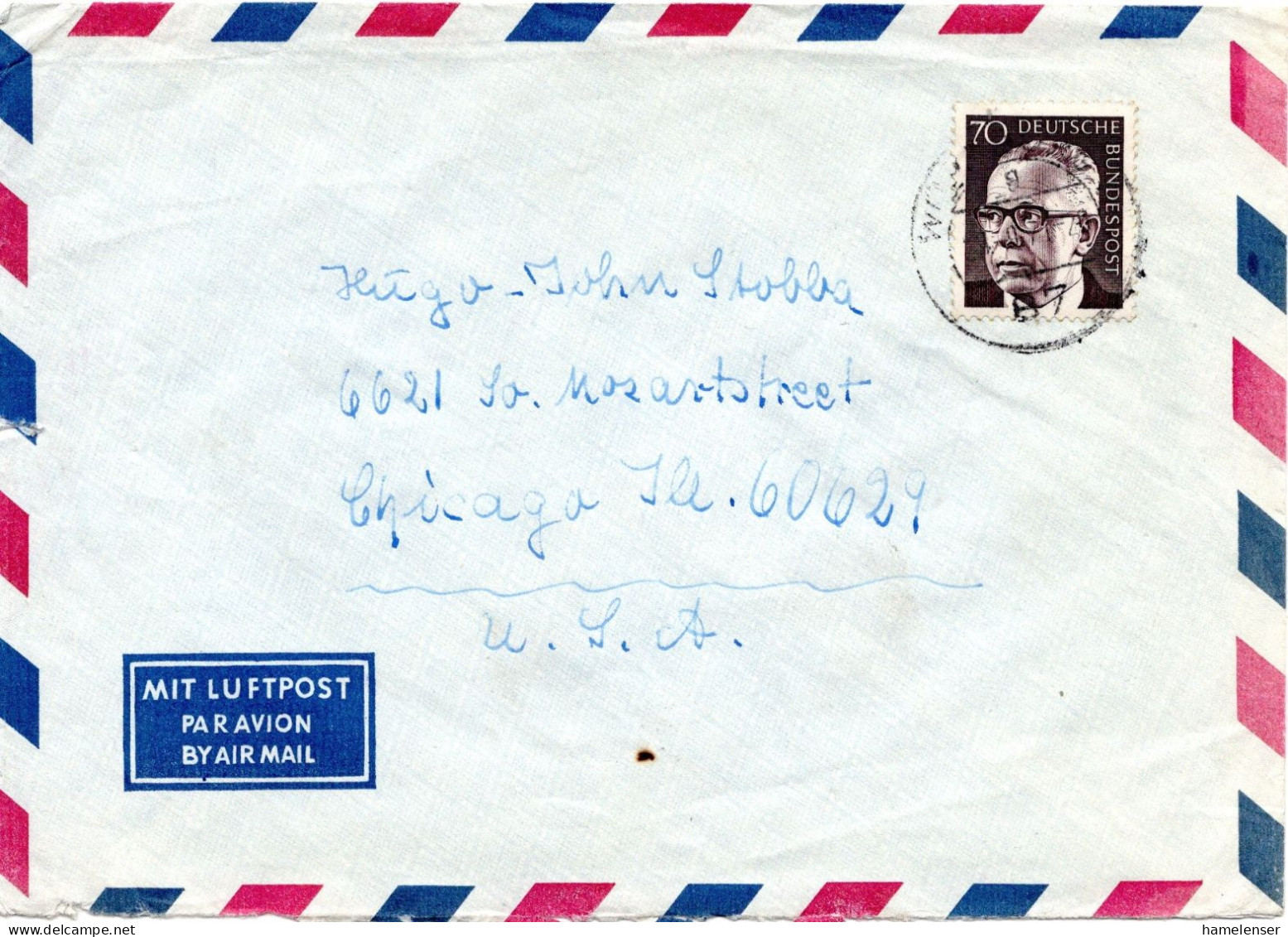 74491 - Bund - 1971 - 70Pfg Heinemann EF A LpBf WUERZBURG -> Chicago, IL (USA) - Lettres & Documents