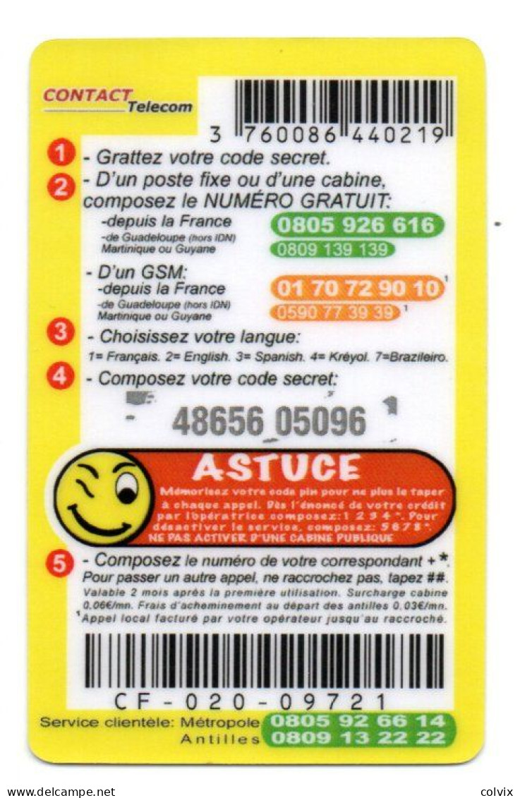 ANTILLES GUADELOUPE MARTINIQUE  CARTE TELEPHONIQUE CONTACT TELECOM 5€ KASSAV GEORGES DECIMUS - Antilles (French)