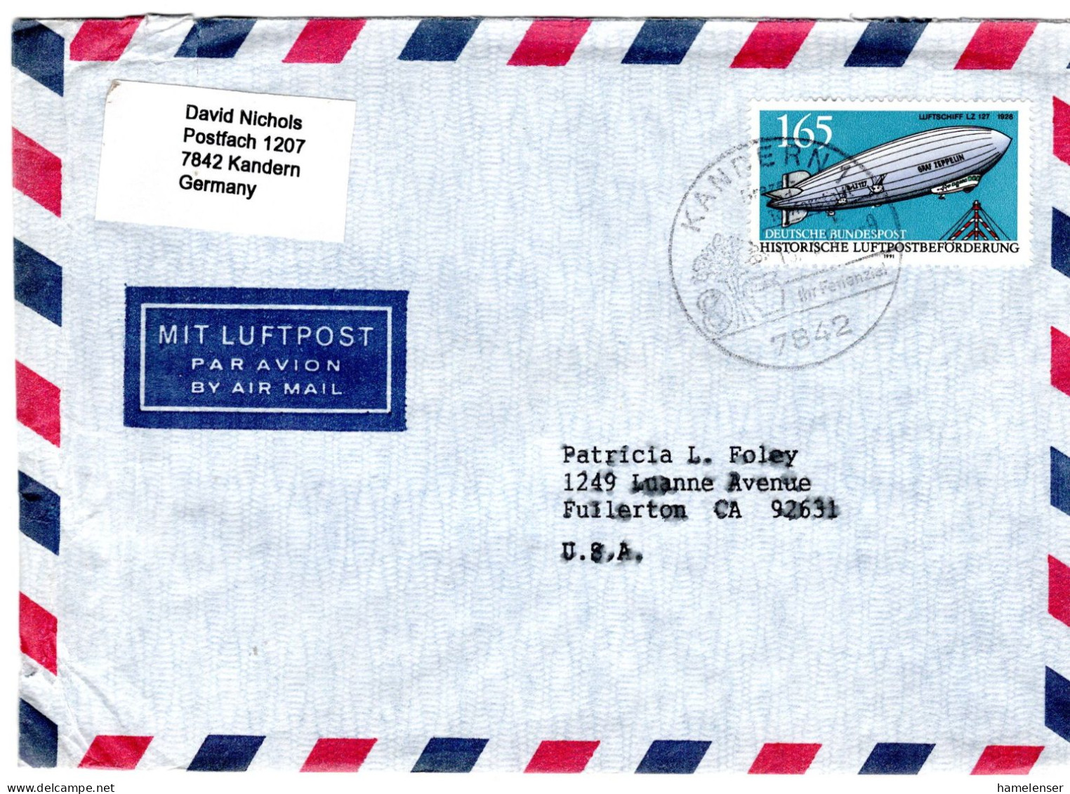 74523 - Bund - 1992 - 165Pfg Zeppelin EF A LpBf KANDERN - ... -> Fullerton, CA (USA) - Zeppelins