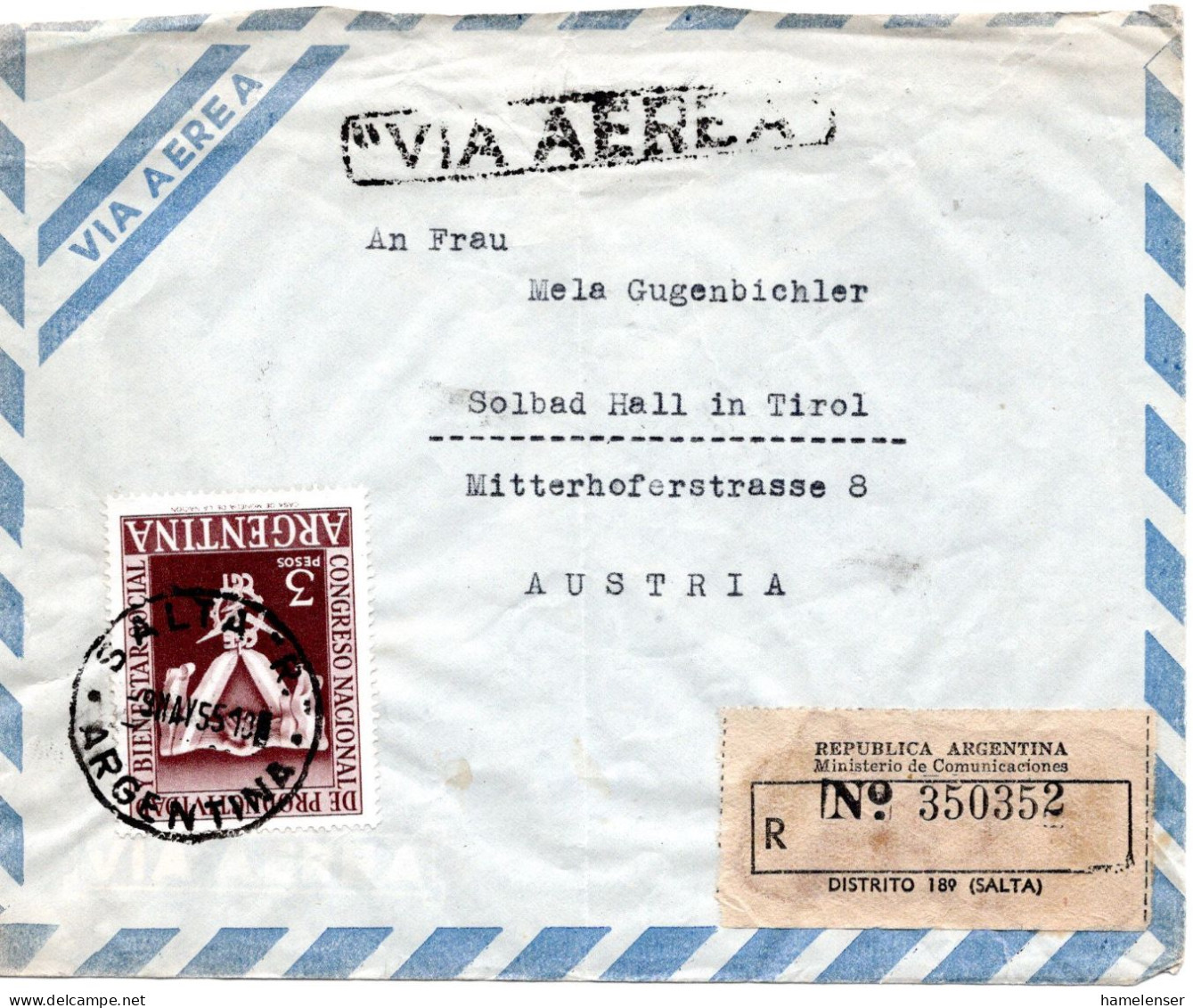 74569 - Argentinien - 1955 - 3P Produktivitaetskongress EF A R-LpBf A.R.V.SALTA -> INNSBRUCK -> Hall (Österreich) - Covers & Documents