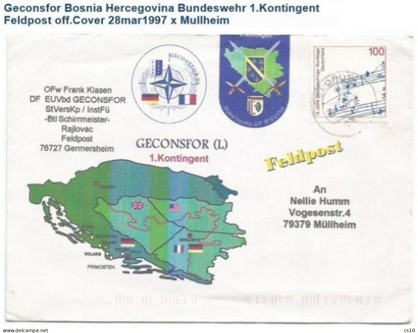 Bosnia Croatia GECONSFOR Germany FELDPOST Cv 28mar1997 X Mulheim - Privados & Locales