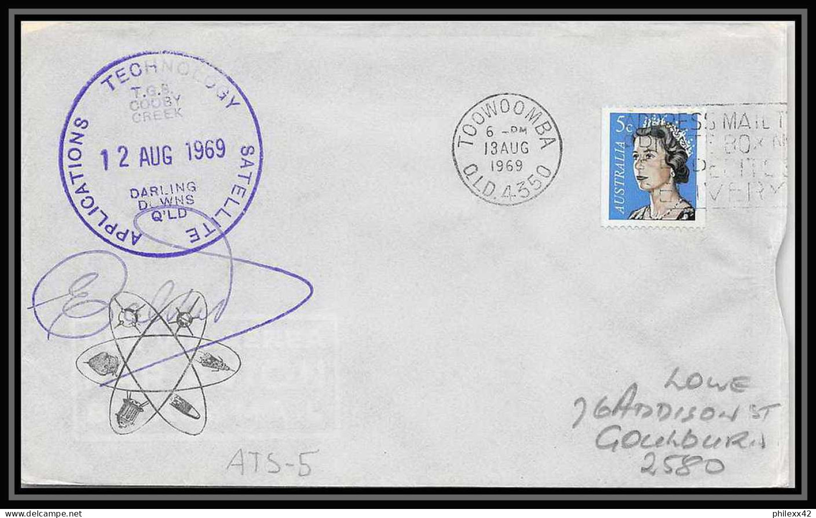 5417/ Espace (space) Lettre (cover) 12/8/1969 Signé (signed) Technology Satellite Toowoomba Australie (australia) - Oceanía