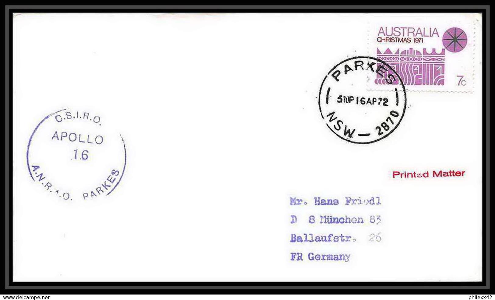 6450/ Espace (space Raumfahrt) Lettre (cover) 16/4/1972 Start Apollo 16 Parkes Australie (australia)  - Oceanía