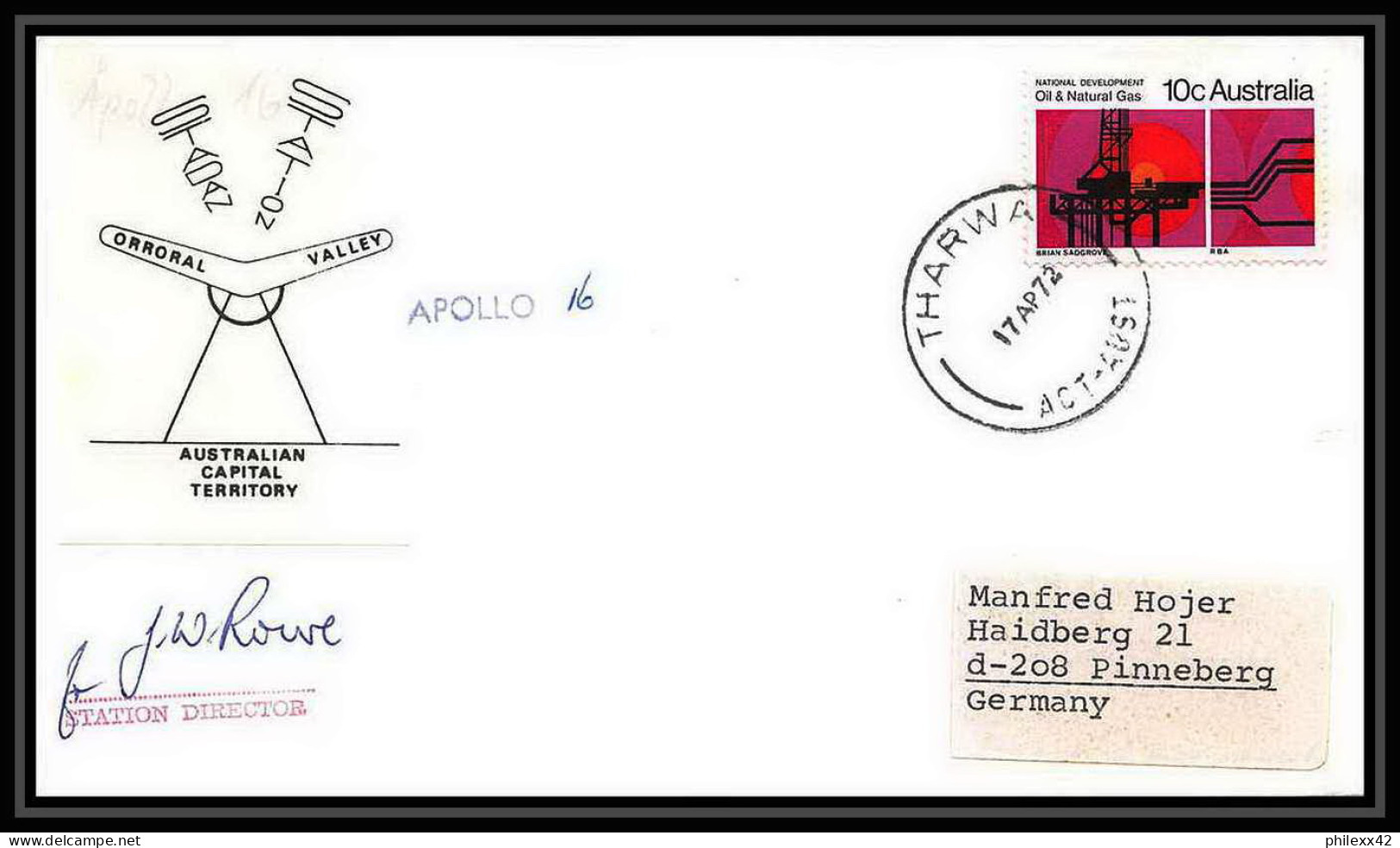 6457/ Espace Space Lettre Cover 17/4/1972 Signé Signed Autograph Apollo 16 Orroral Valley Tharwa Australie (australia)  - Oceanía