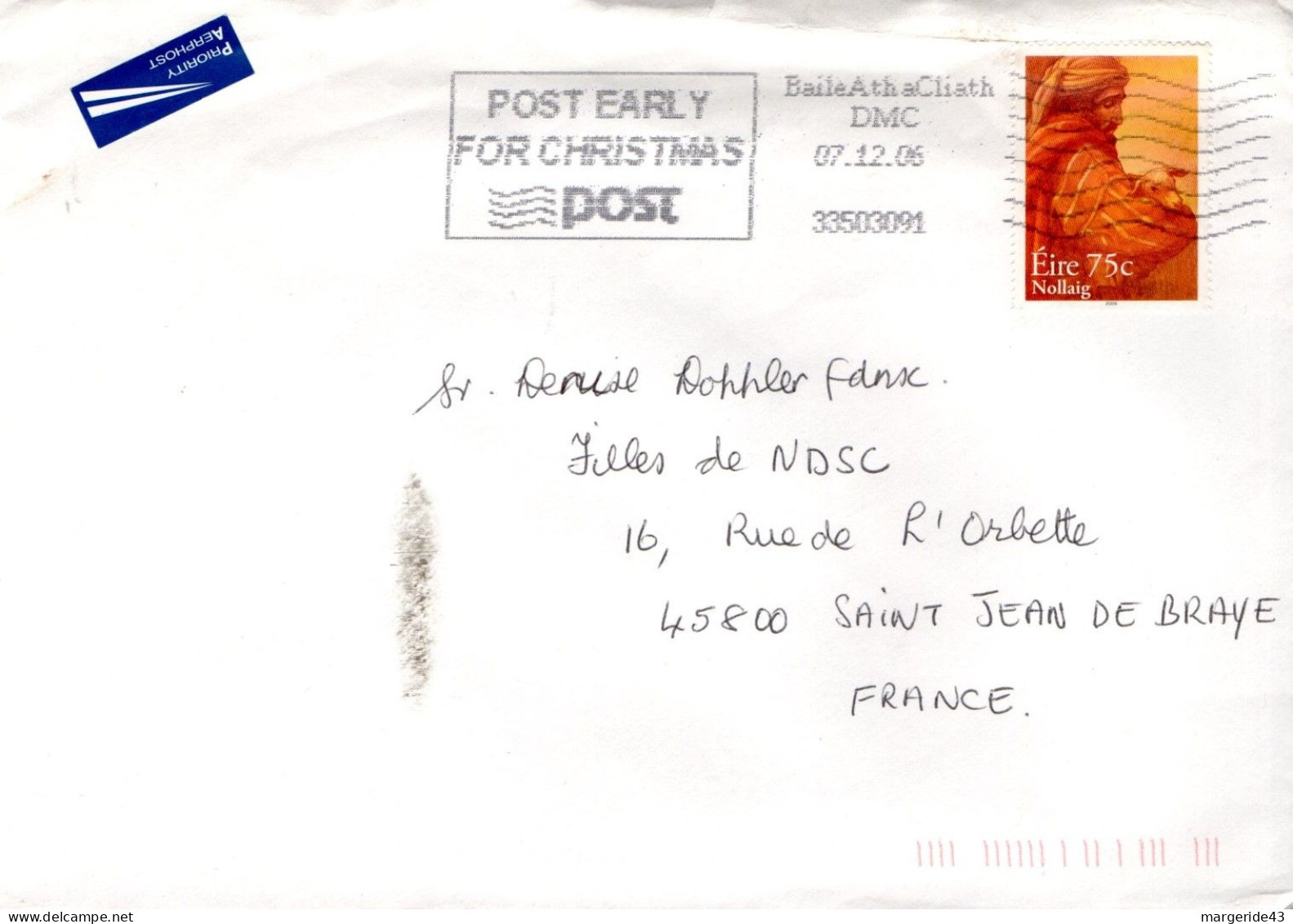 IRLANDE SEUL SUR LETTRE POUR LA FRANCE 2006 - Lettres & Documents