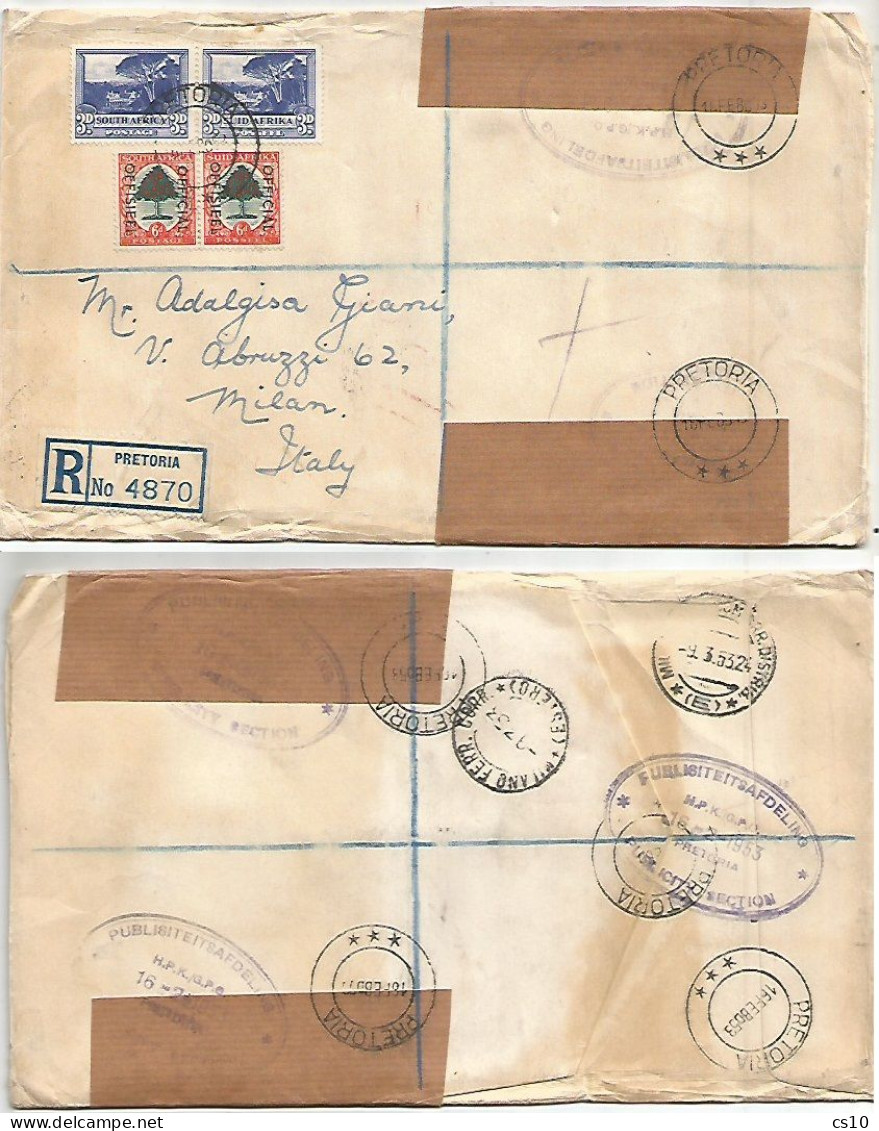 South Africa Official Service D.6 Pair + Regular D.3 Pair REGISTERED CV Pretoria 16feb1953 Propaganda Section X Italy - Officials