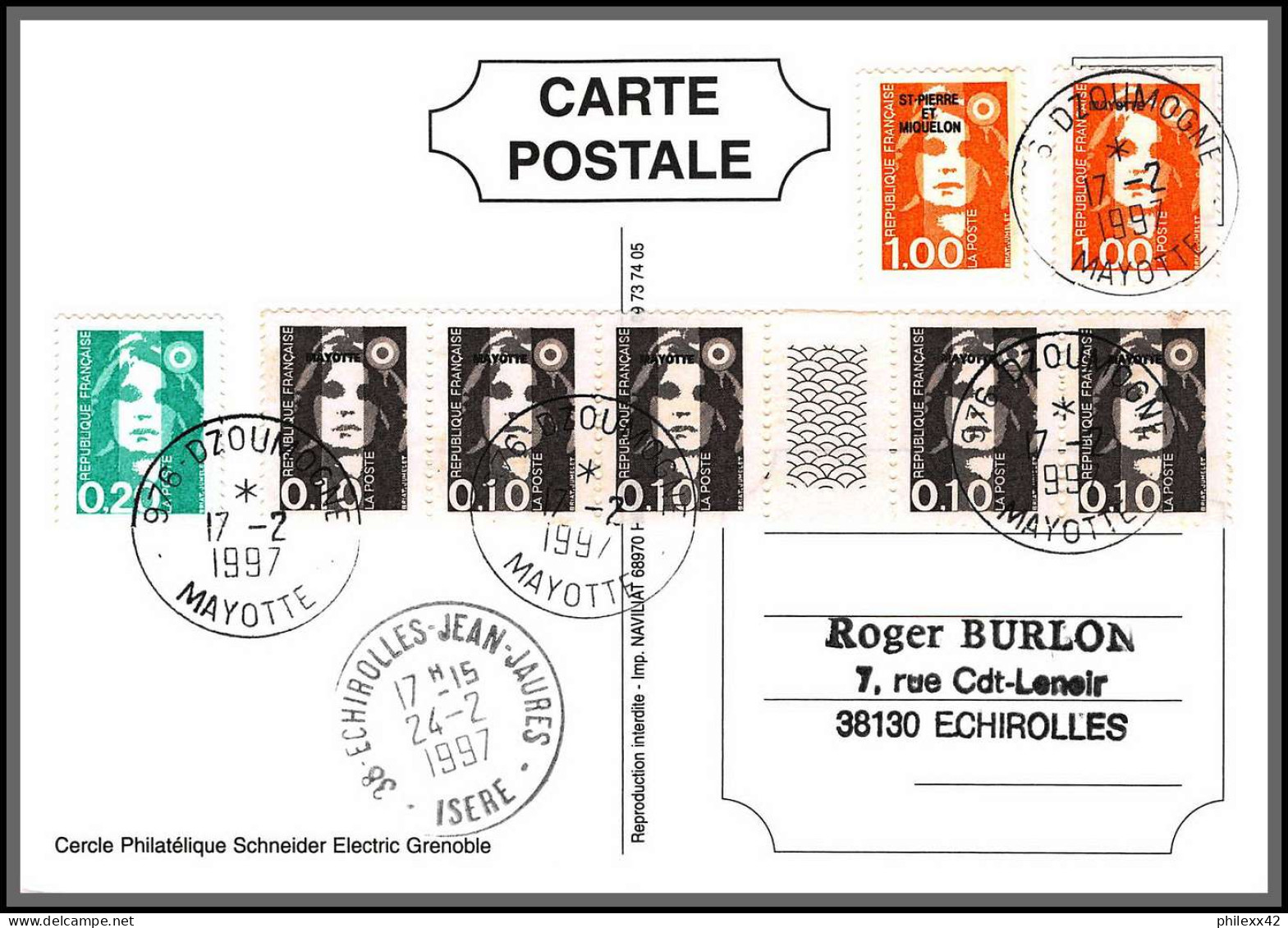 74276 Mixte Marianne Bicentenaire 17/2/1997 Dzoumogne Mayotte Echirolles Isère France Carte Postcard Colonies - Briefe U. Dokumente