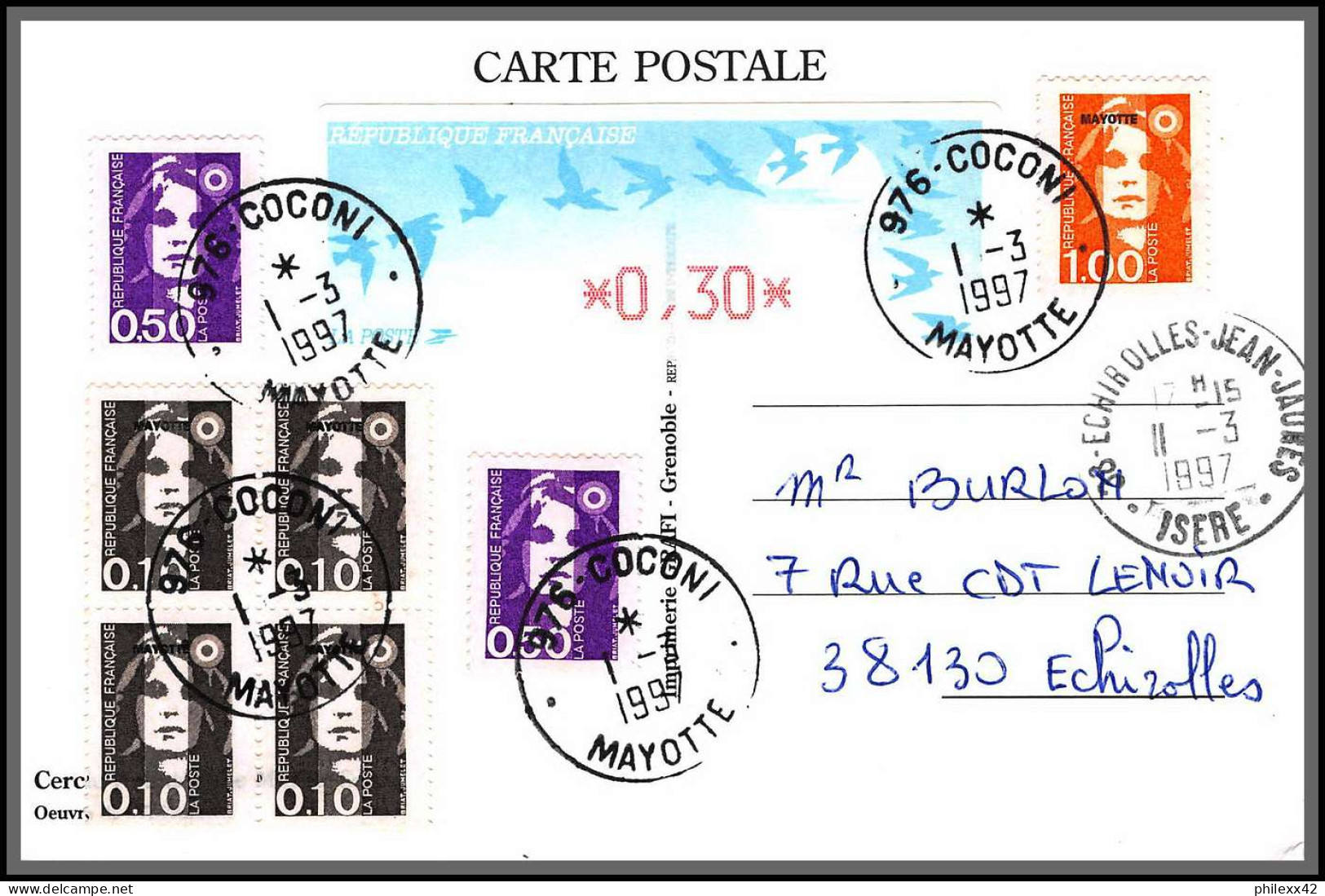 74284 Mixte Atm Briat 1/3/1997 Coconi Mayotte Echirolles Isère France Carte Postcard Colonies - Covers & Documents