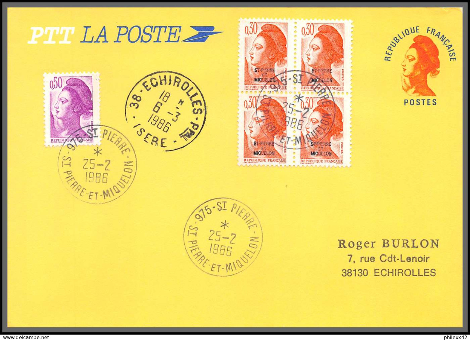 74564 6/3/1986 Saint Pierre Et Miquelon Mixte Echirolles Isère Entier Liberté Stationery Complément - Lettres & Documents