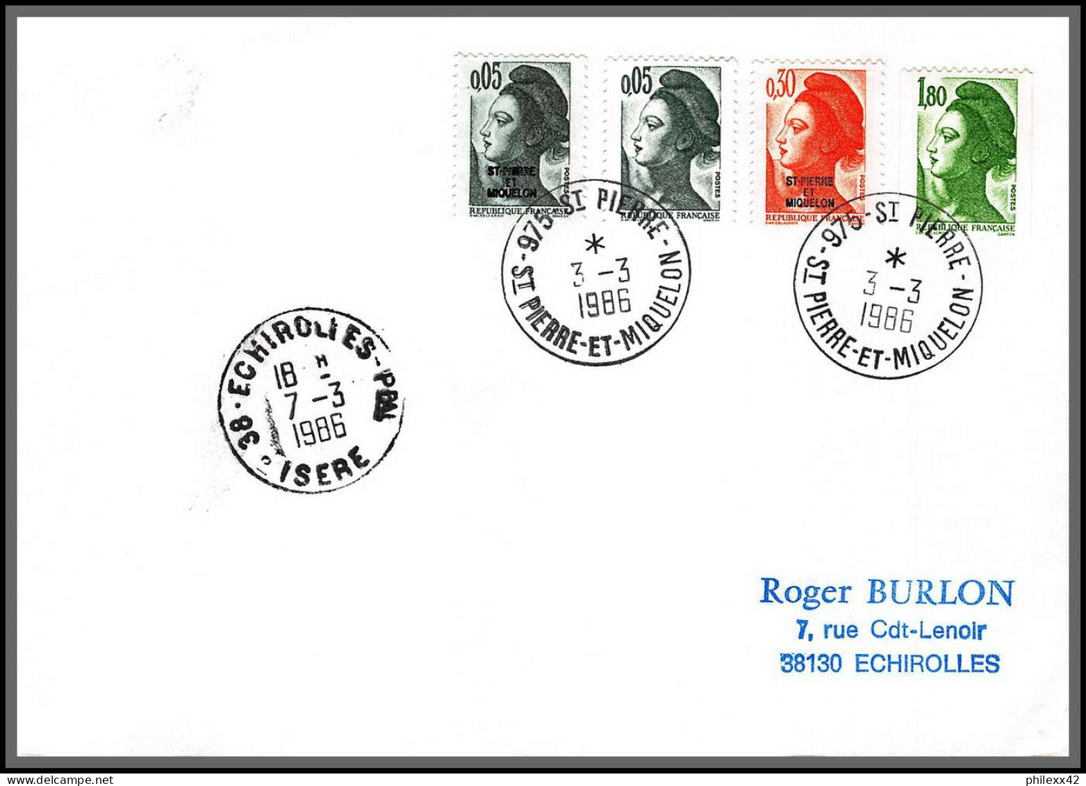 74676 7/3/1986 Liberté Saint Pierre Et Miquelon Mixte Echirolles Isère Lettre Cover - Storia Postale