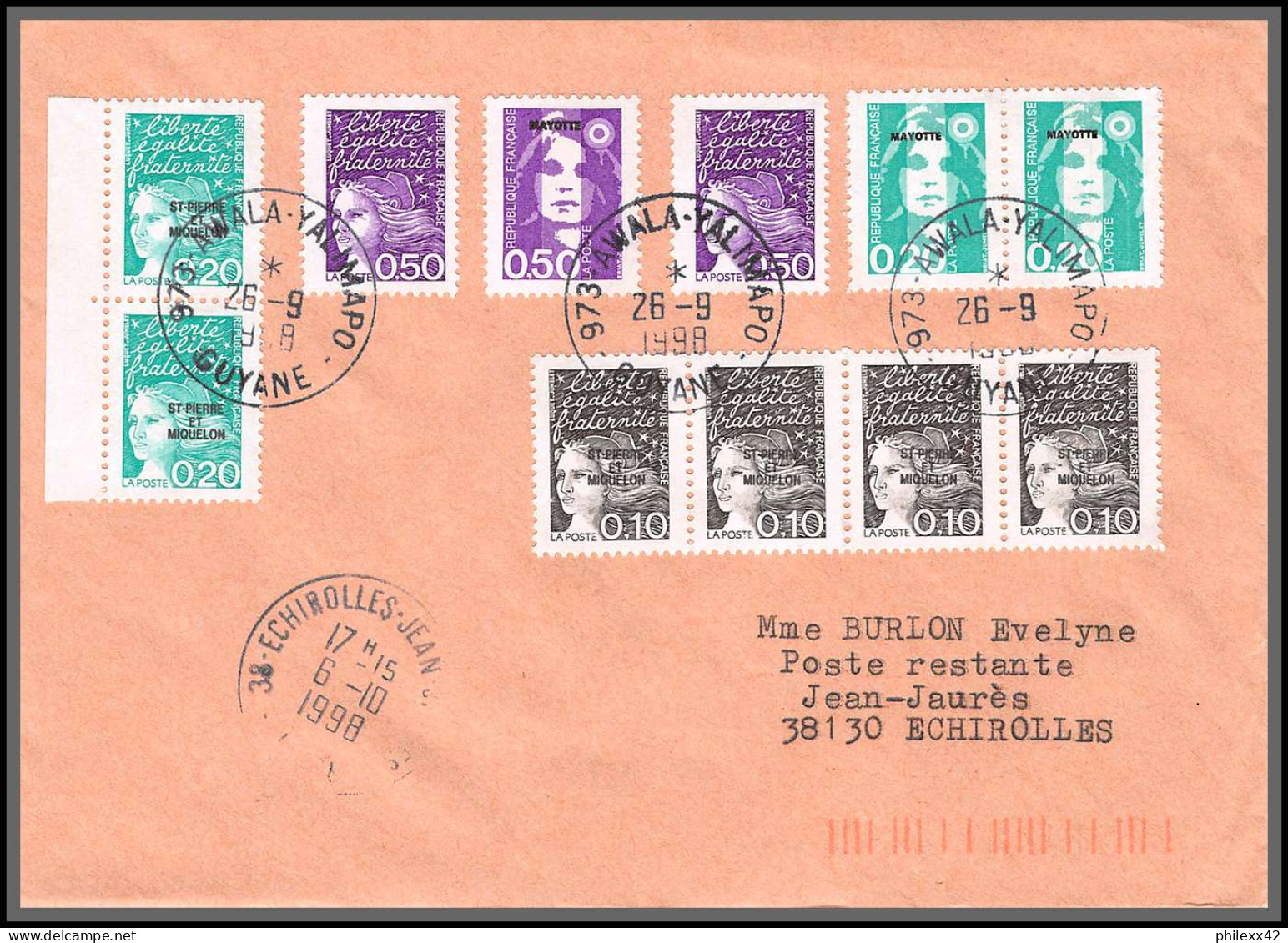 74475 Mixte Briat Luquet Mayotte St Pierre 26/9/1998 Awala-Yalimapo Griffe Guyane Echirolles Isère Lettre Cover Colonies - 1997-2004 Marianna Del 14 Luglio