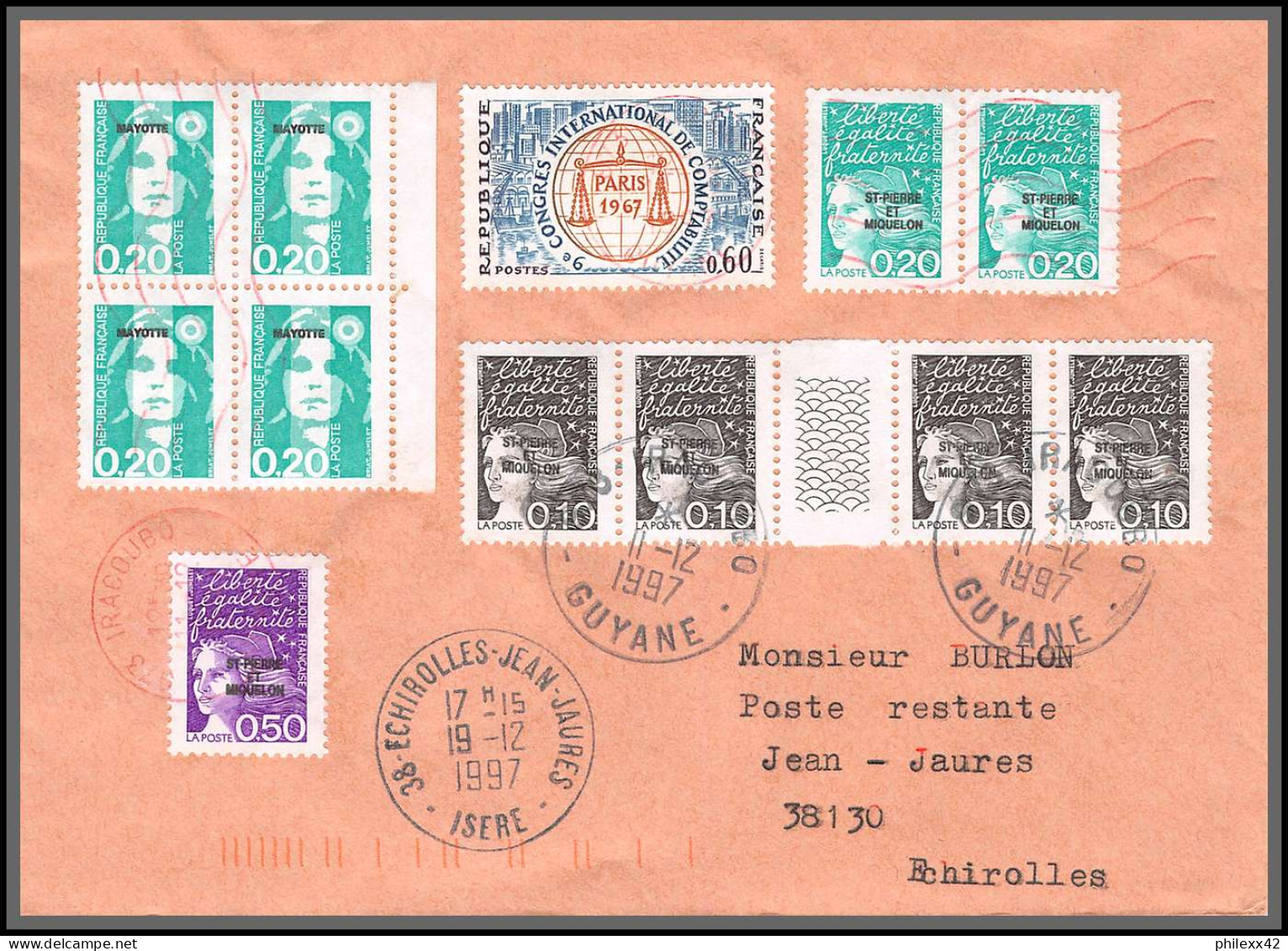 74486 Mixte Briat Luquet Mayotte St Pierre 11/12/1997 Iracoubo Guyane Echirolles Isère Lettre Cover Colonies - 1997-2004 Marianne Du 14 Juillet