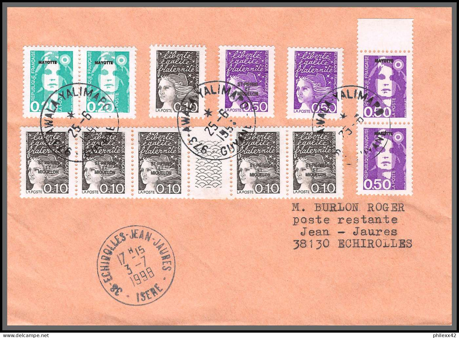 74455 Mixte Briat Luquet Mayotte St Pierre 25/6/1998 Awala-Yalimapo Guyane Echirolles Isère Lettre Cover Colonies - 1997-2004 Marianne Du 14 Juillet