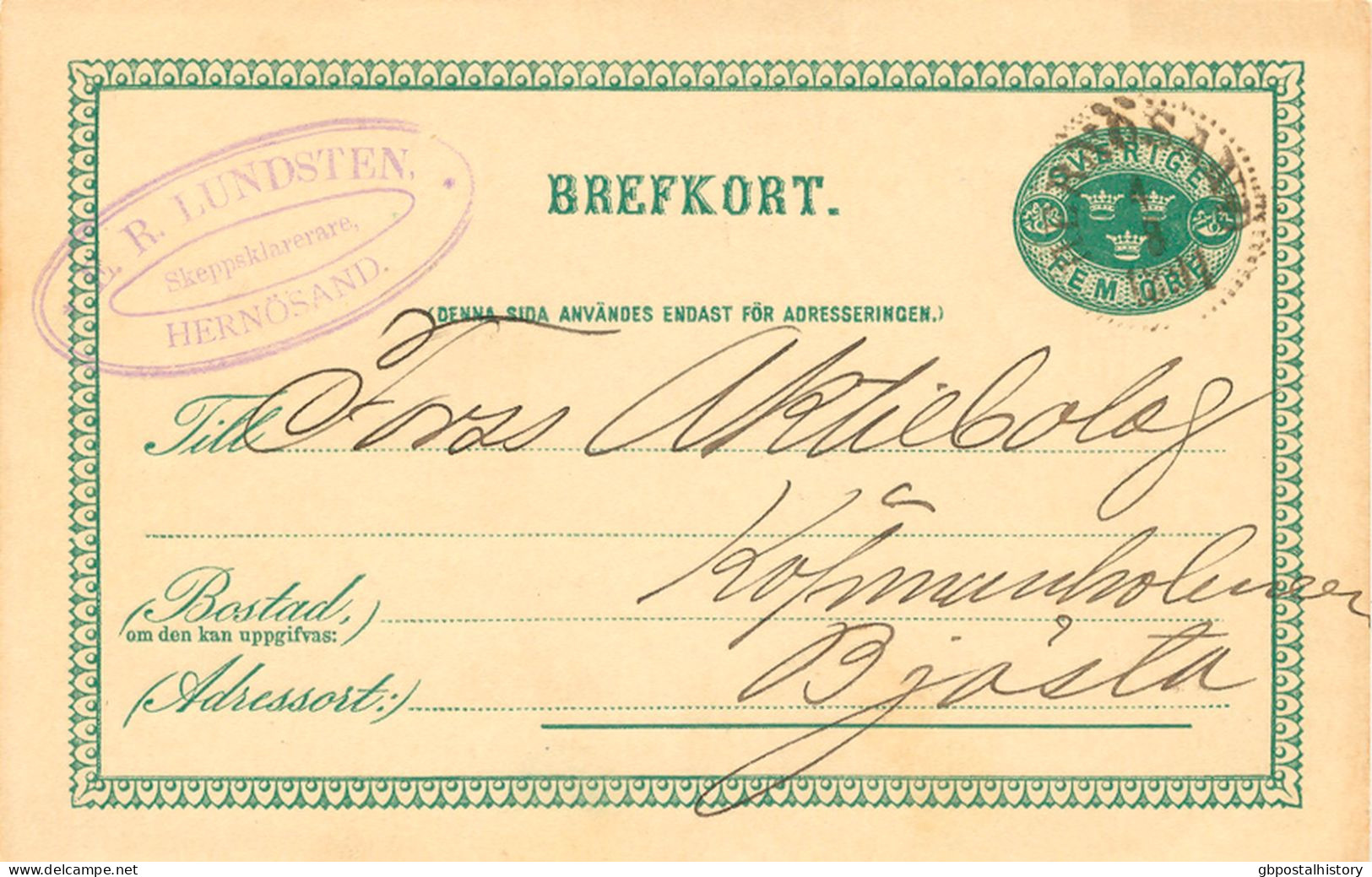 SCHWEDEN 4.8.1891, "HERNÖSAND" (HÄRNÖSAND) K1 Klar A. 5 (FEM) Öre Grün GA-Postkarte, Attr. Viol. Absenderstempel, Kab. - 1885-1911 Oscar II