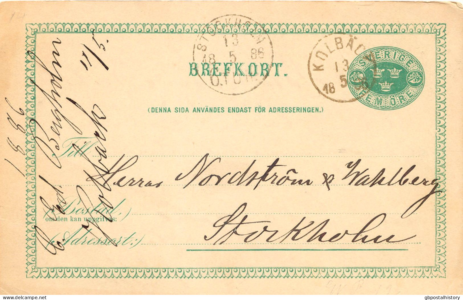 SCHWEDEN 13.5.1886, "KOLBÄCK" Und "STOCKHOLM 6.TUR." Selt. K1 Klar A. 5 (FEM) Öre Grün GA-Postkarte, Pra. - 1885-1911 Oscar II