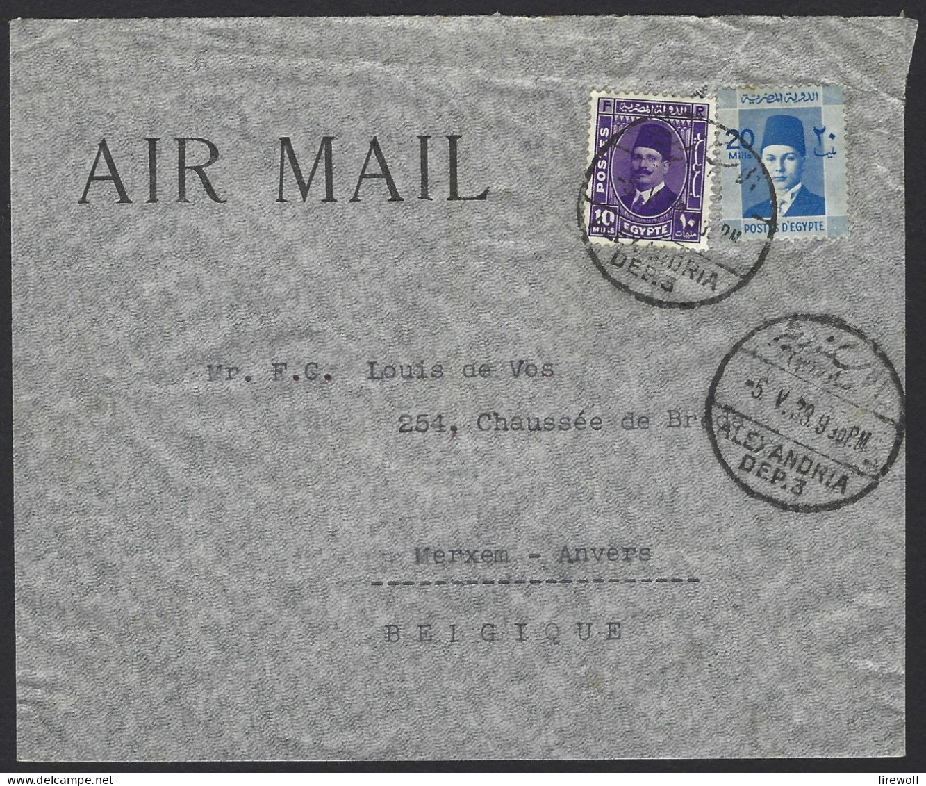 F09 - Egypt 1938 Commercial Airmail Cover Alexandria To Antwerp Belgium - Covers & Documents