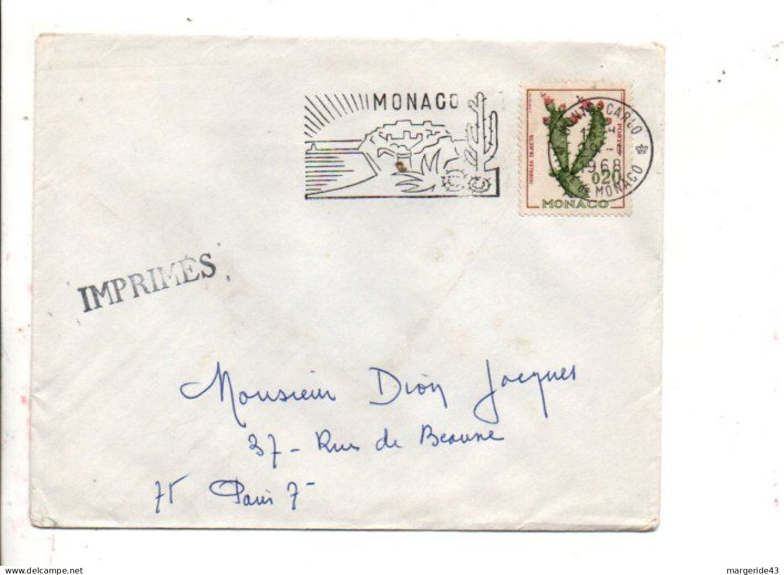 MONACO SEUL SUR LETTRE POUR LA FRANCE 1968 - Lettres & Documents