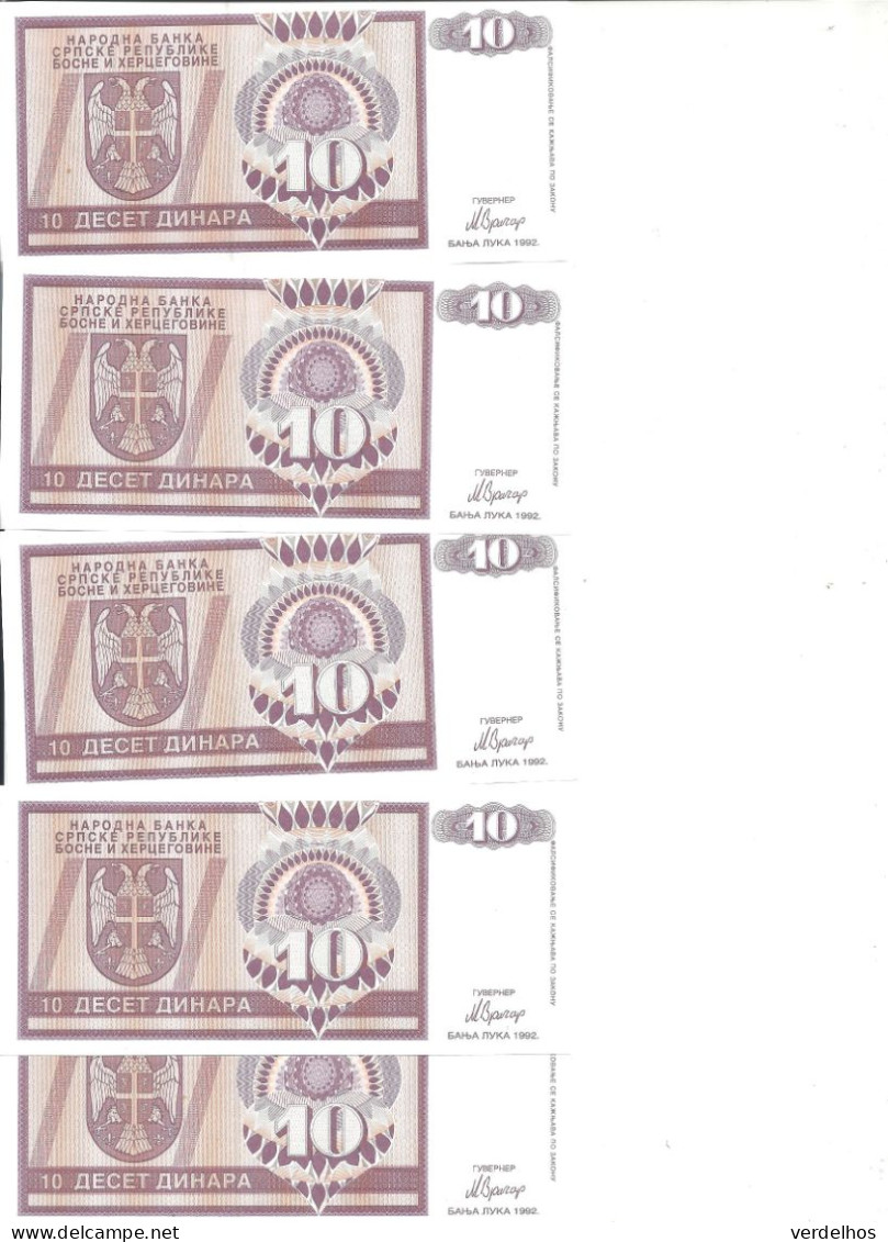 BOSNIE HERZEGOVINE 10 DINARA 1992 UNC P 133 ( 5 Billets ) - Bosnie-Herzegovine